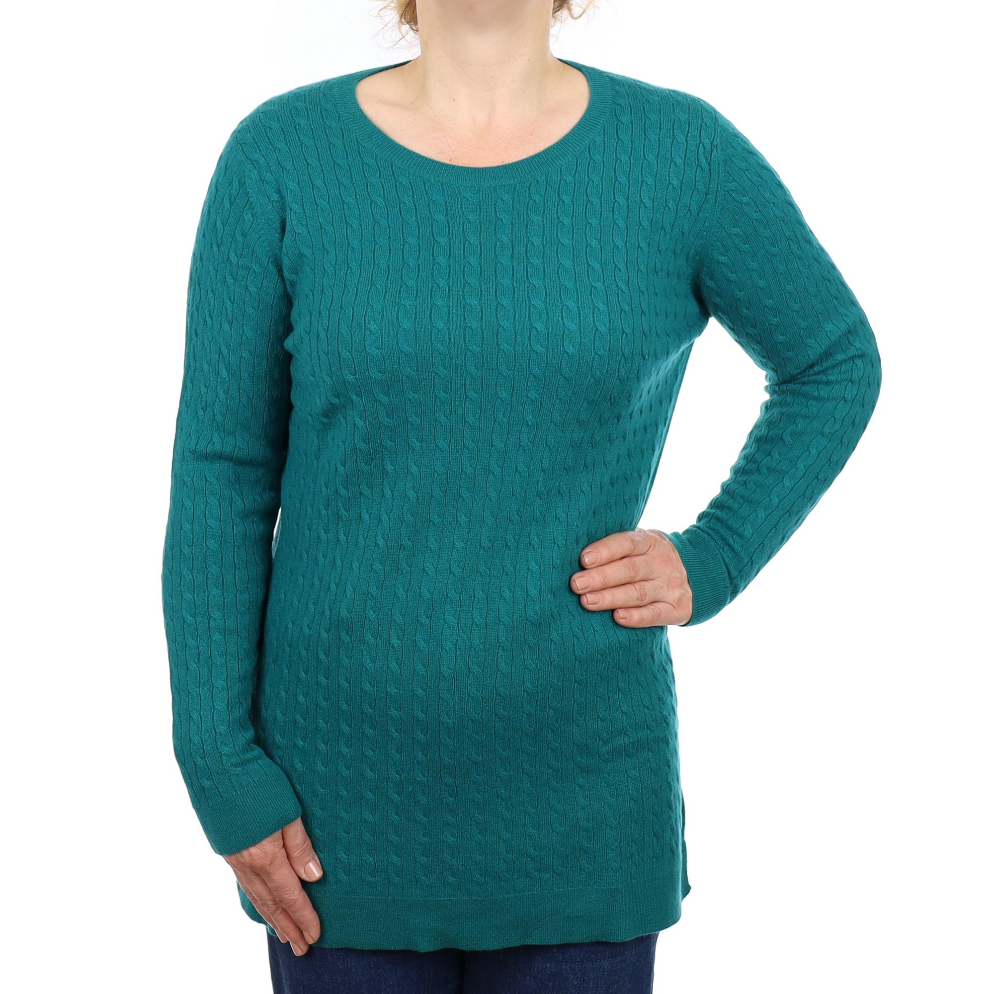 Brora Peacock Green Cable Cashmere Longline Crew Neck Jumper Medium