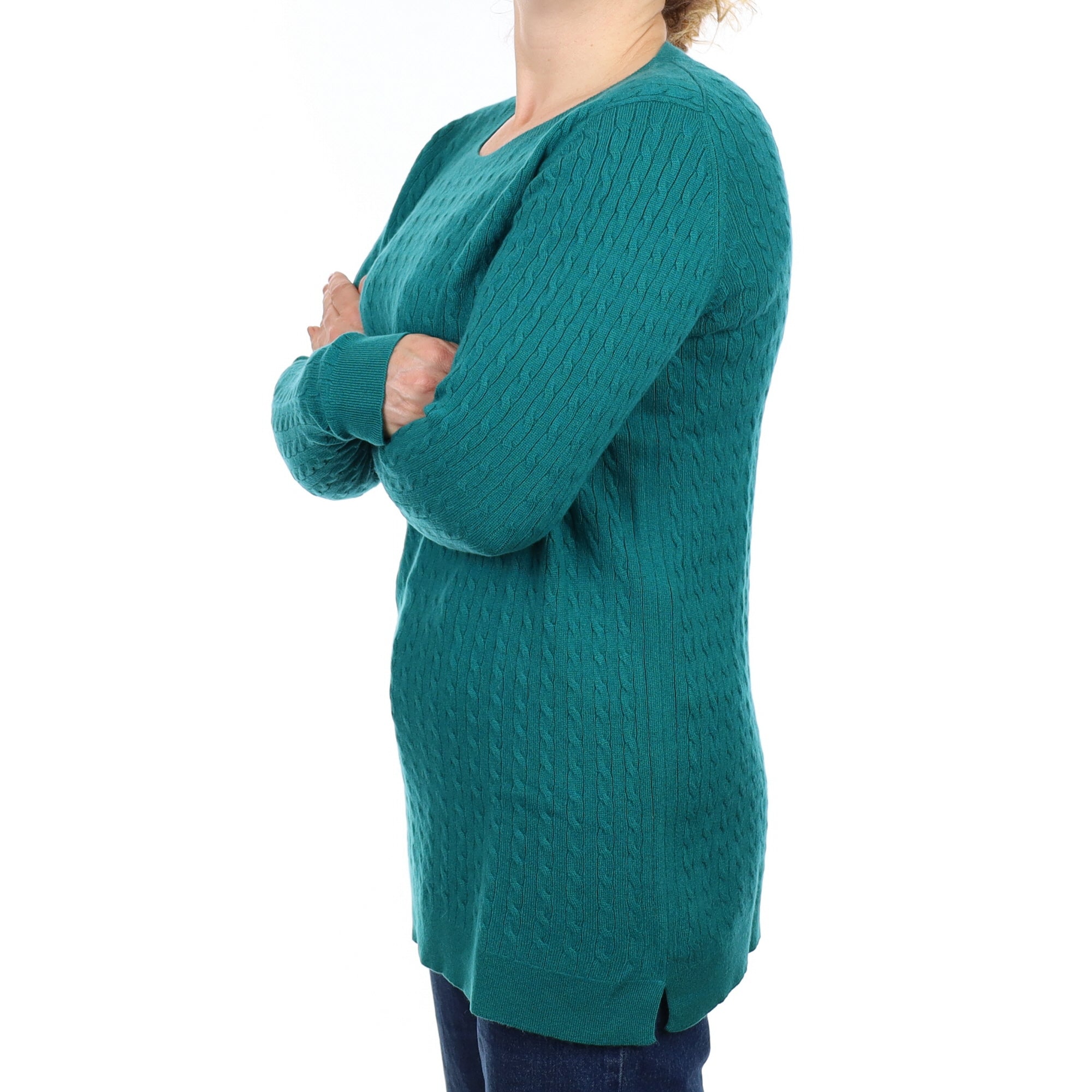 Brora Peacock Green Cable Cashmere Longline Crew Neck Jumper Medium