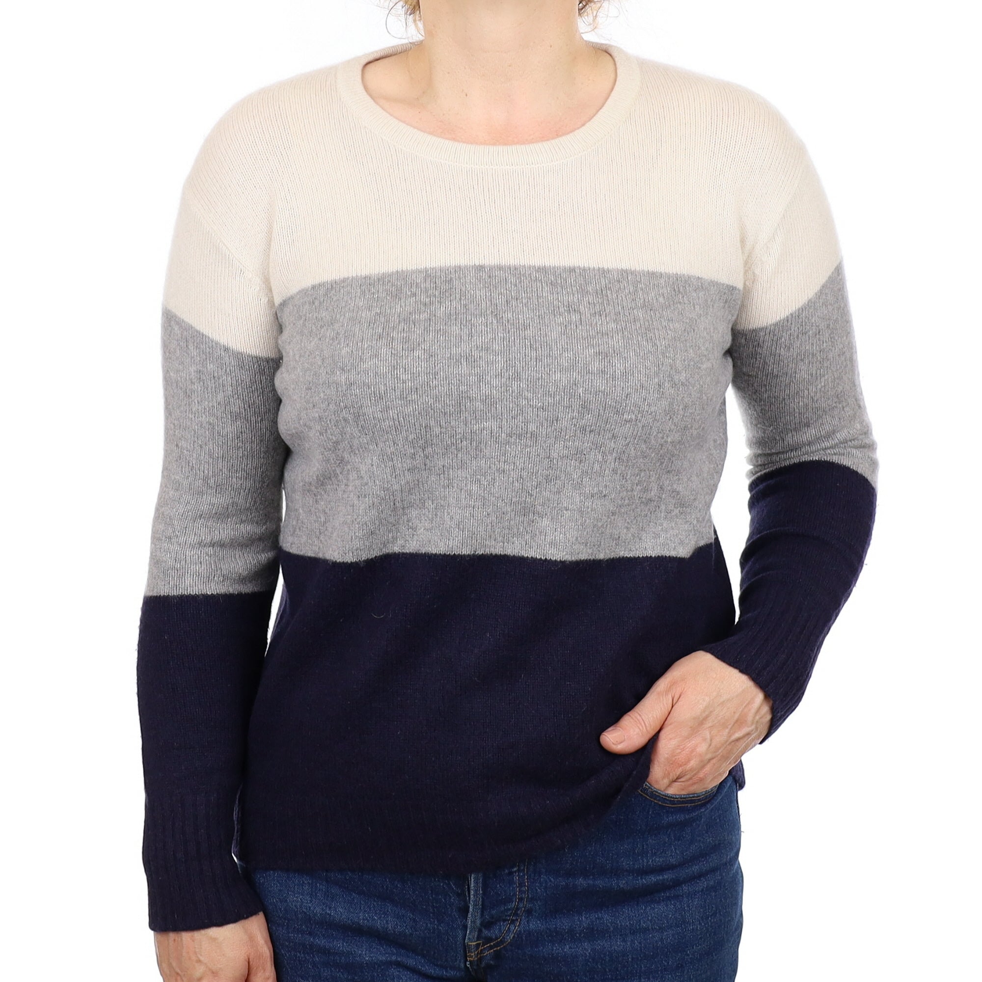 Ivory Grey and Navy Cashmere Crew Neck Jumper Medium