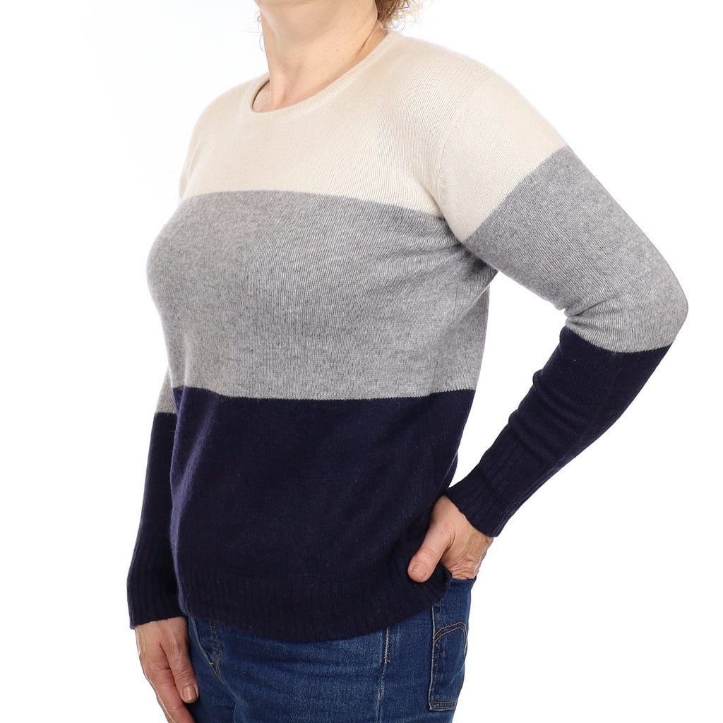 Ivory Grey and Navy Cashmere Crew Neck Jumper Medium