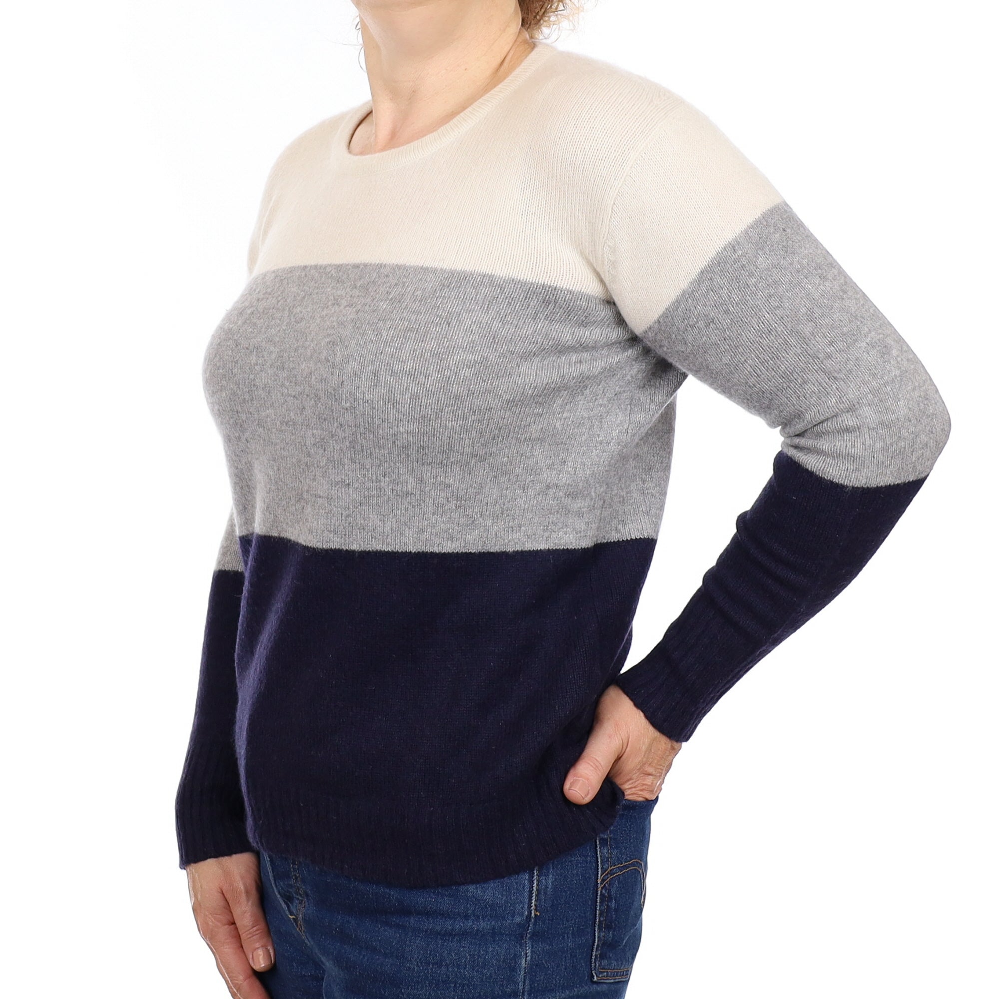 Ivory Grey and Navy Cashmere Crew Neck Jumper Medium