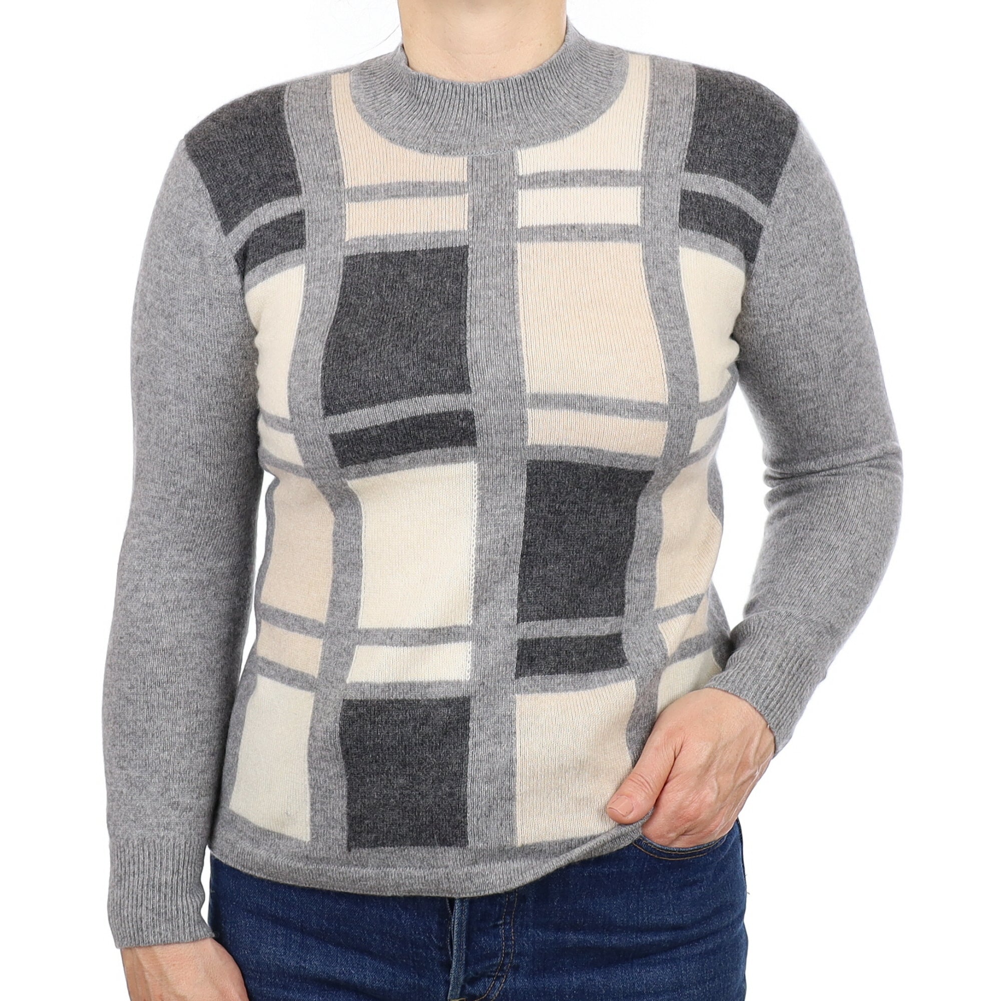 Grey Block Pattern Cashmere Turtleneck Jumper Medium