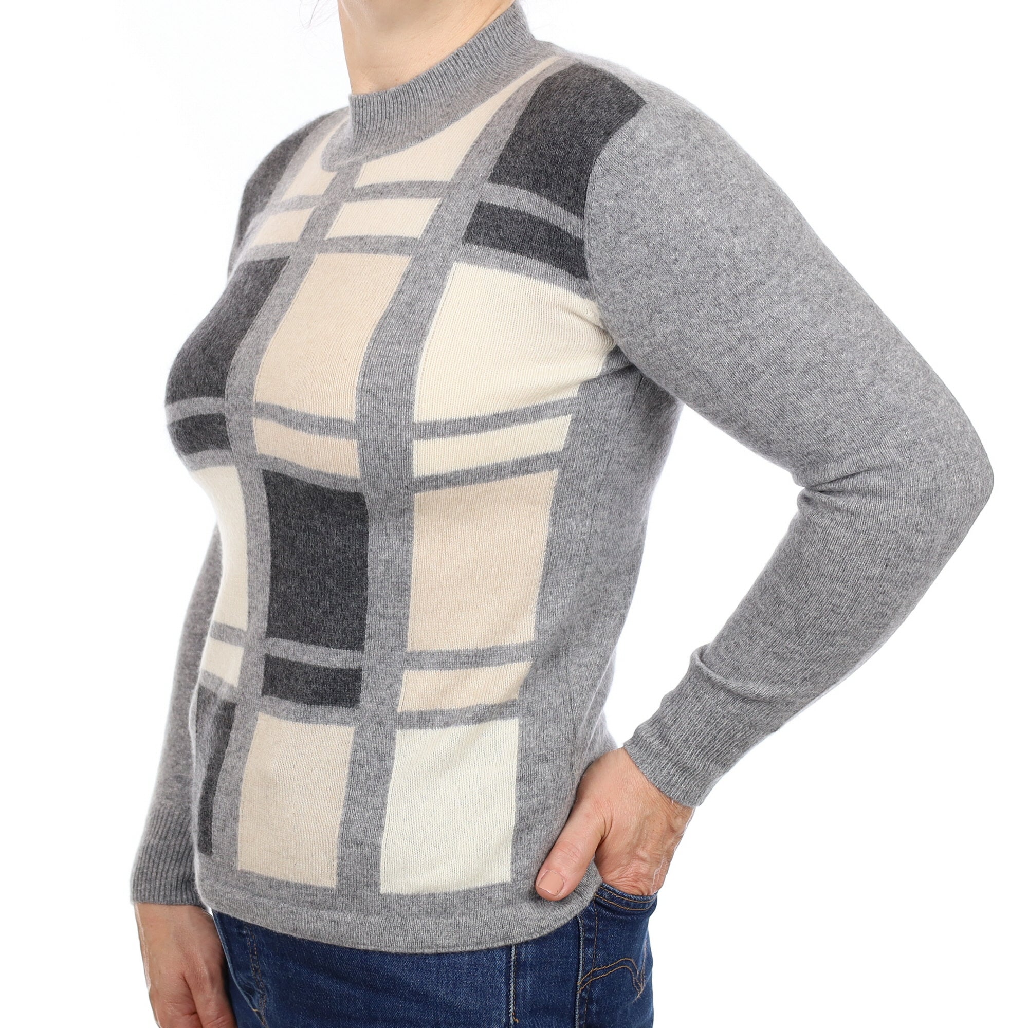 Grey Block Pattern Cashmere Turtleneck Jumper Medium