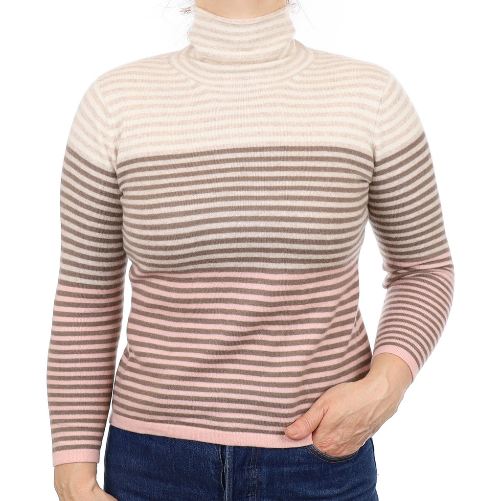 Mocha and Blush Stripe Cashmere Funnel Neck Jumper Medium