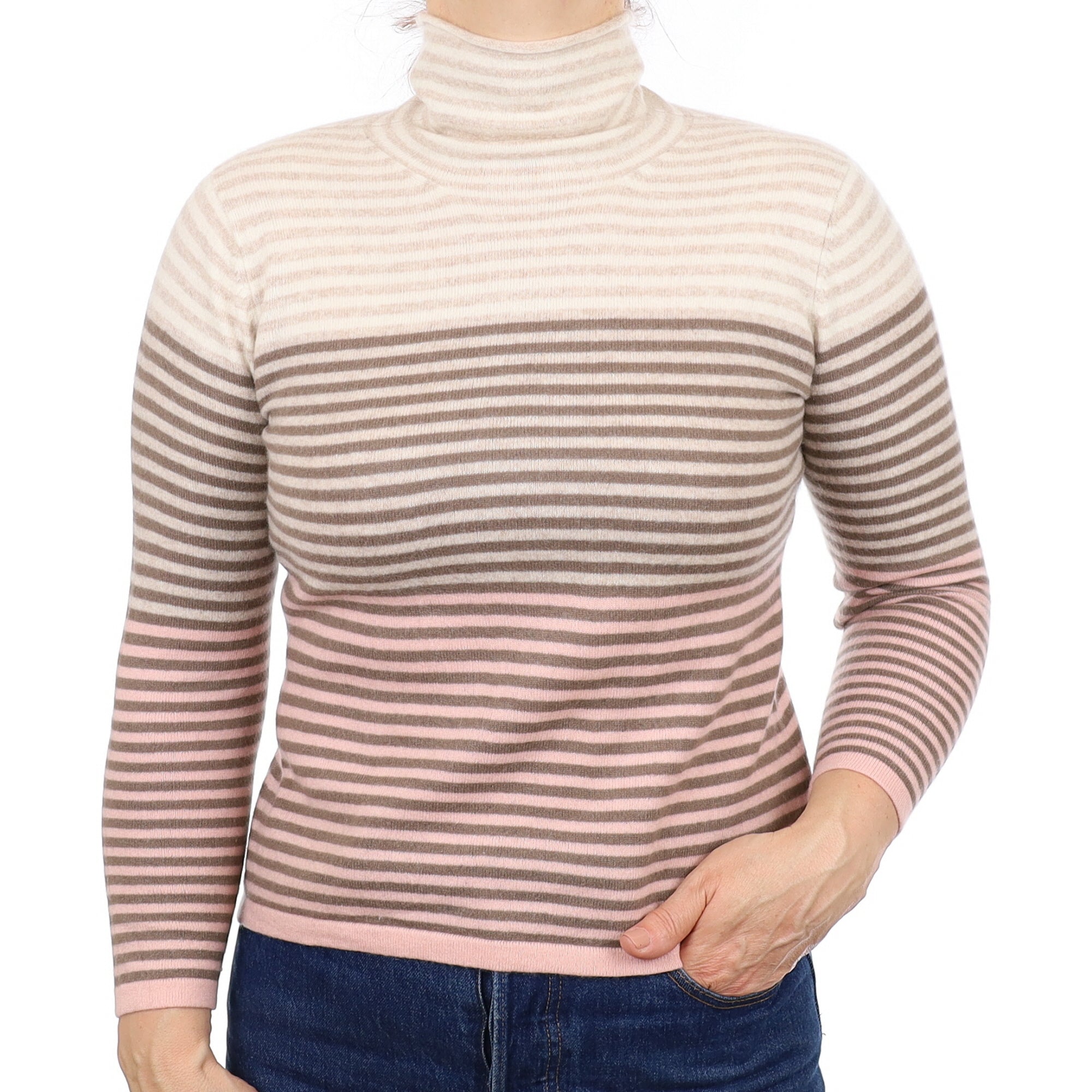 Mocha and Blush Stripe Cashmere Funnel Neck Jumper Medium