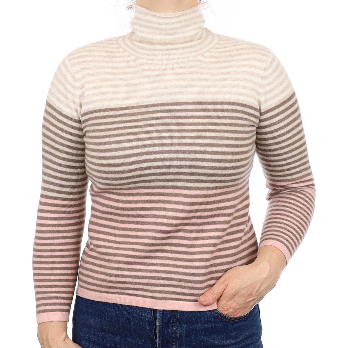 Mocha and Blush Stripe Cashmere Funnel Neck Jumper Medium