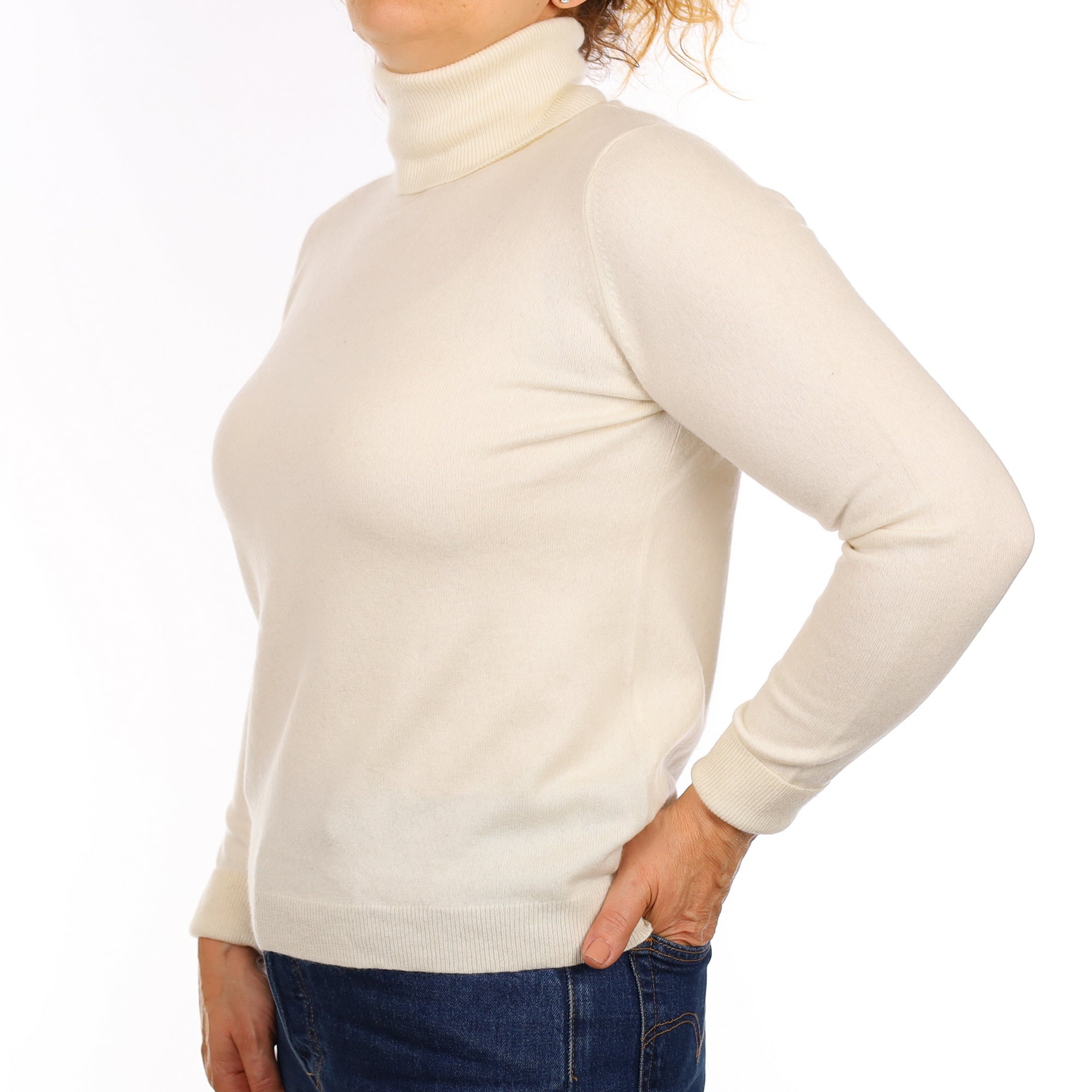 Ivory Cashmere Polo Neck Jumper Medium