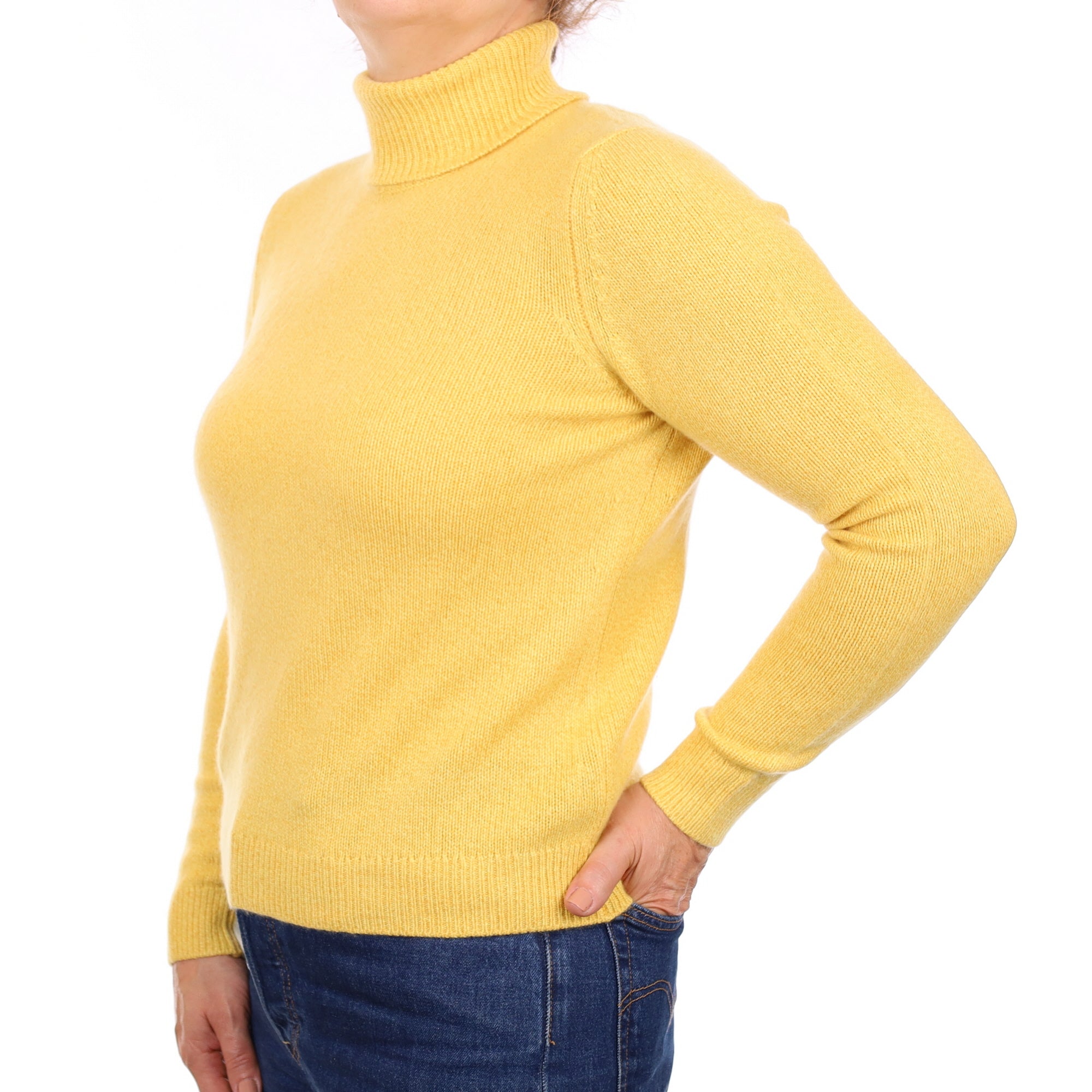 Scottish Yellow Marl Cashmere Polo Neck Jumper Medium