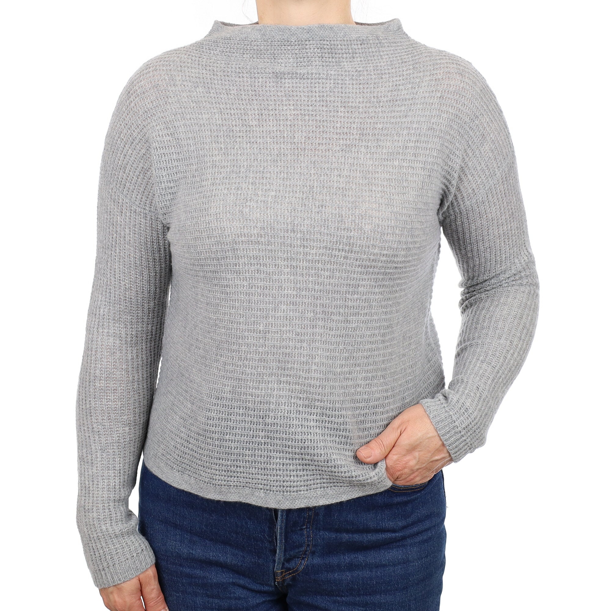 Smoke Grey Textured Cashmere Funnel Neck Jumper Medium