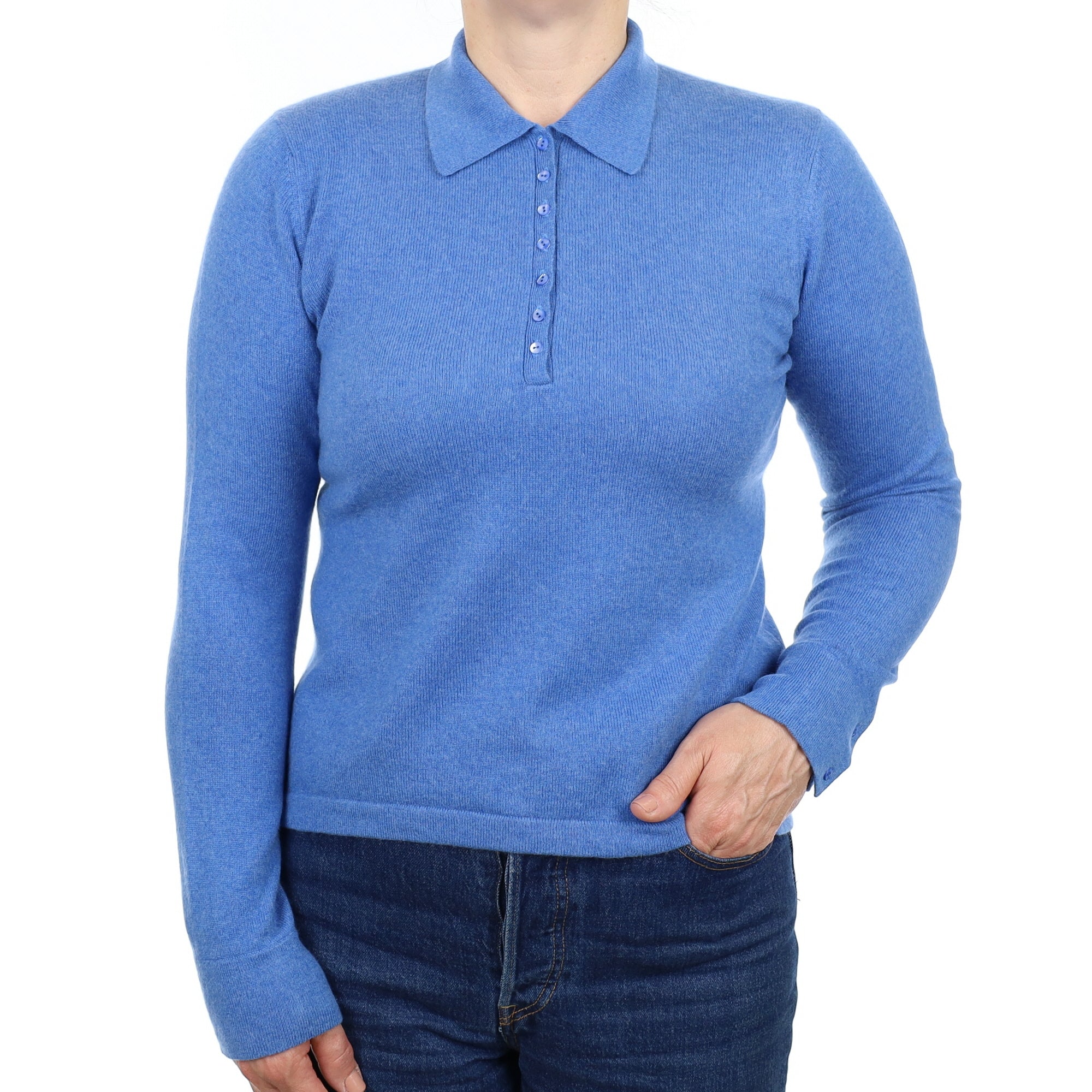 Tanzanite Blue Cashmere Button Front Jumper with Collar Medium