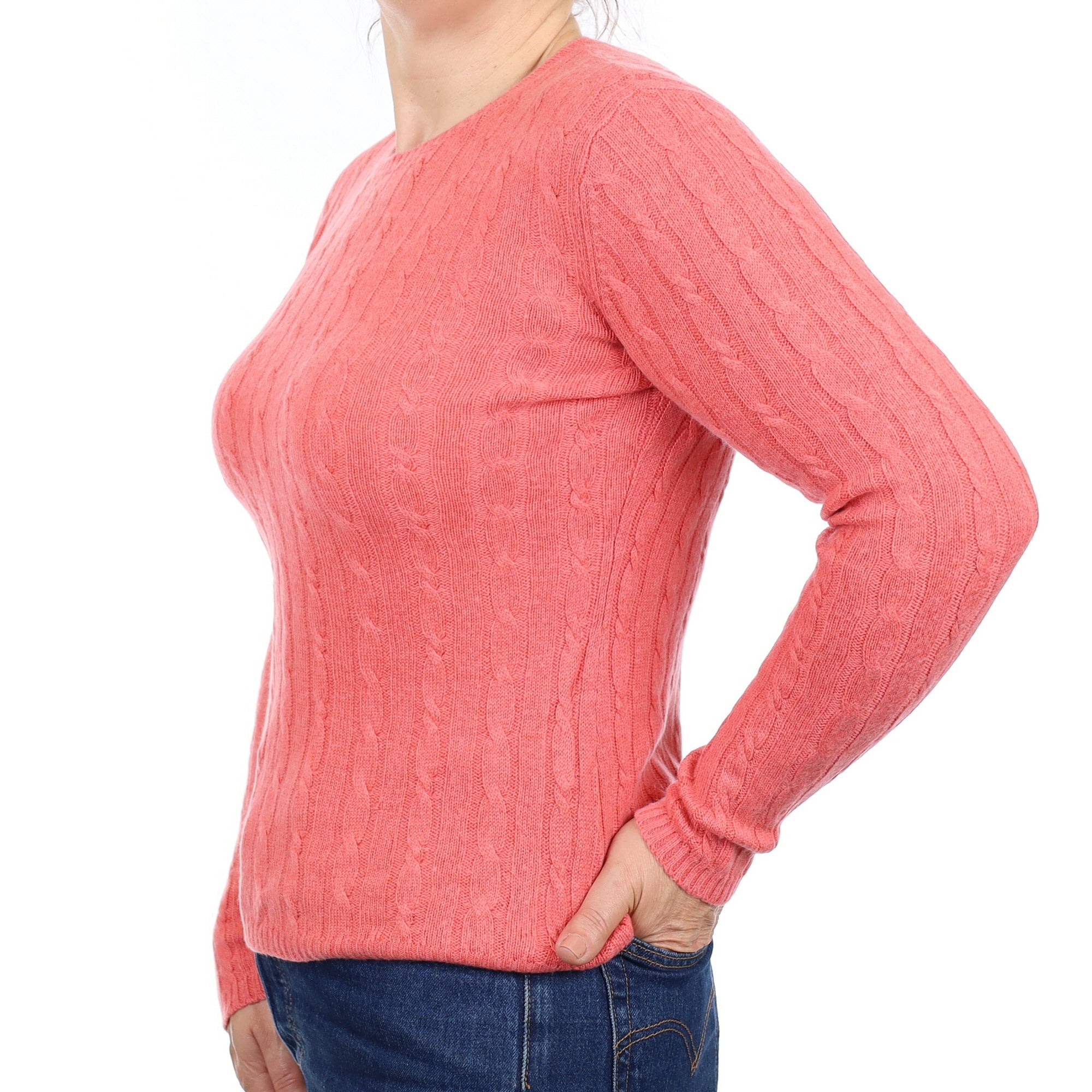 Coral Pink Cable Cashmere Crew Neck Jumper Medium