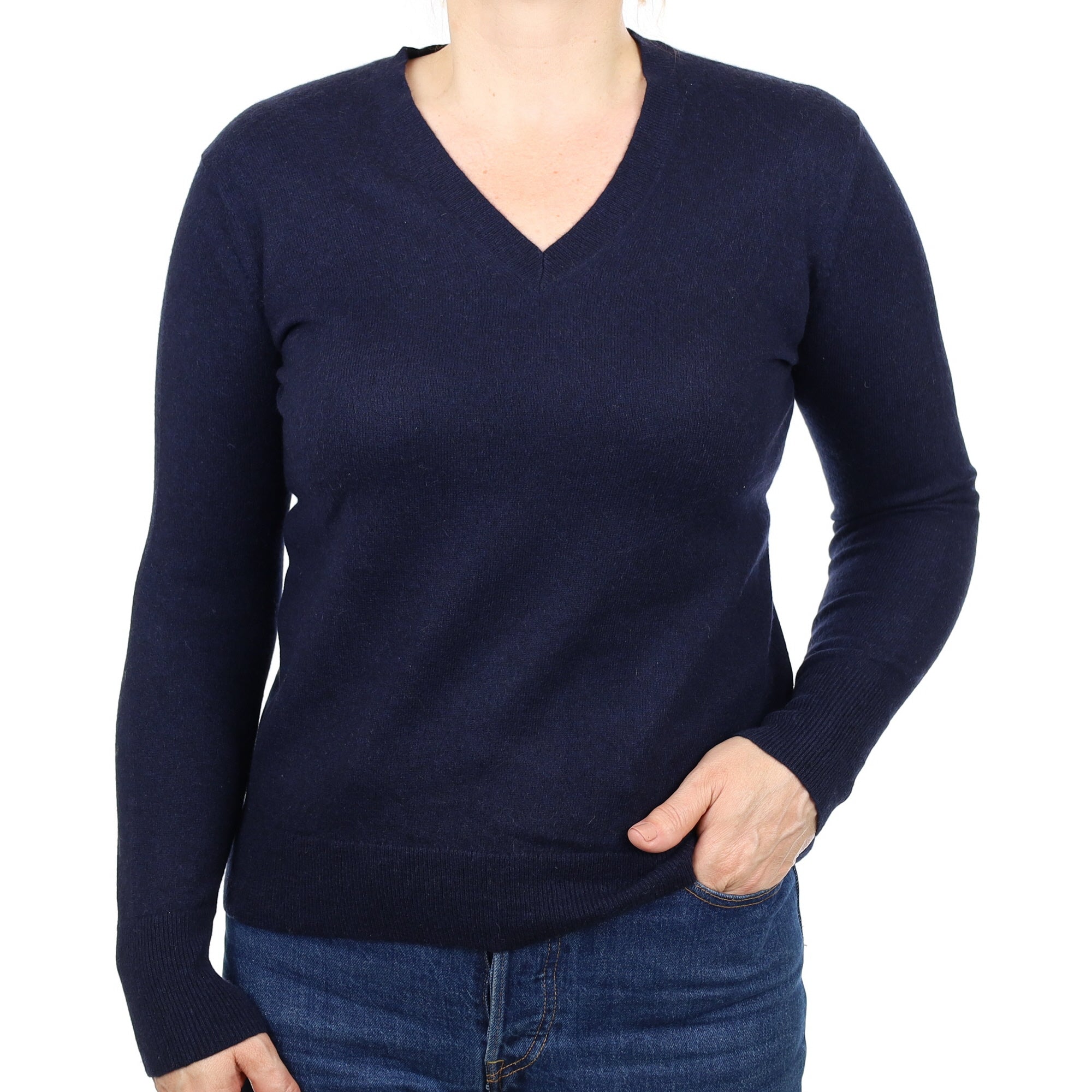 Navy Cashmere V Neck Jumper Medium