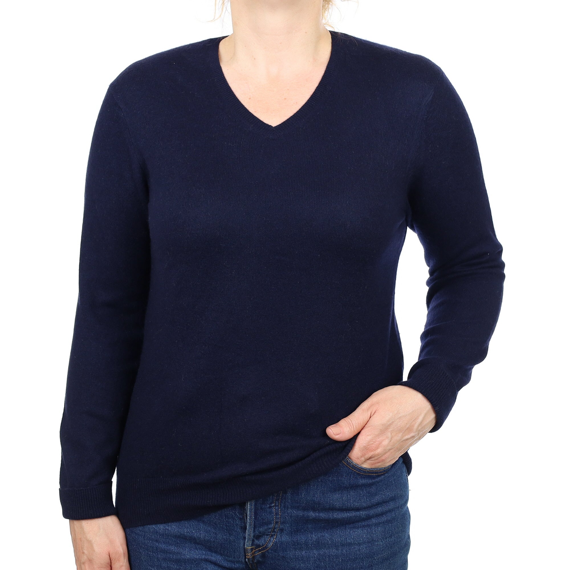 Navy Cashmere V Neck Jumper Medium