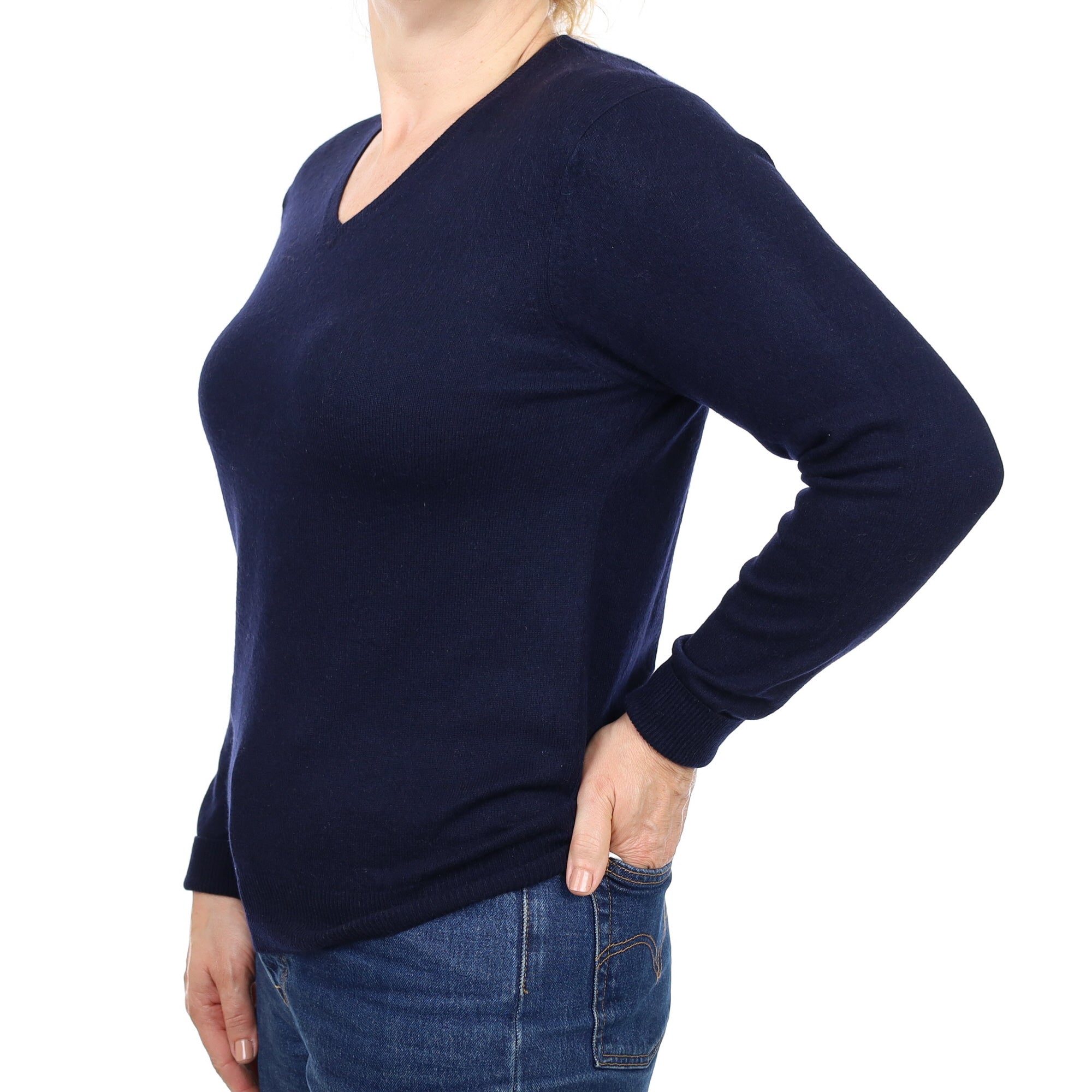 Navy Cashmere V Neck Jumper Medium