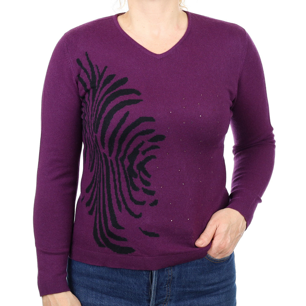 Grape Purple Patterned Cashmere V Neck Jumper Medium