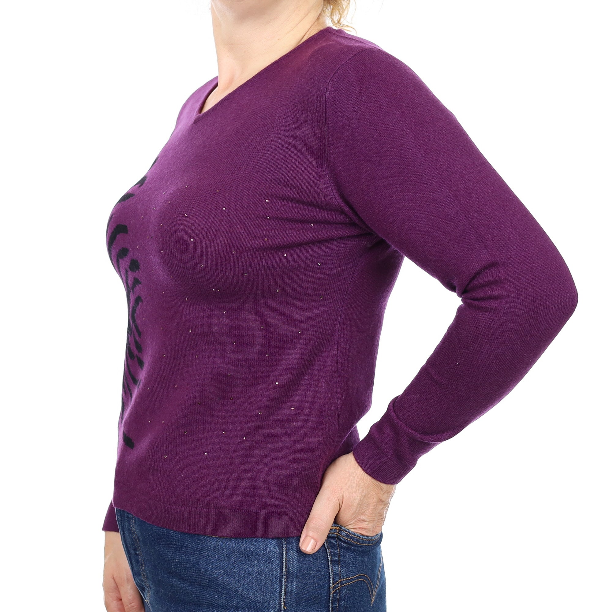 Grape Purple Patterned Cashmere V Neck Jumper Medium
