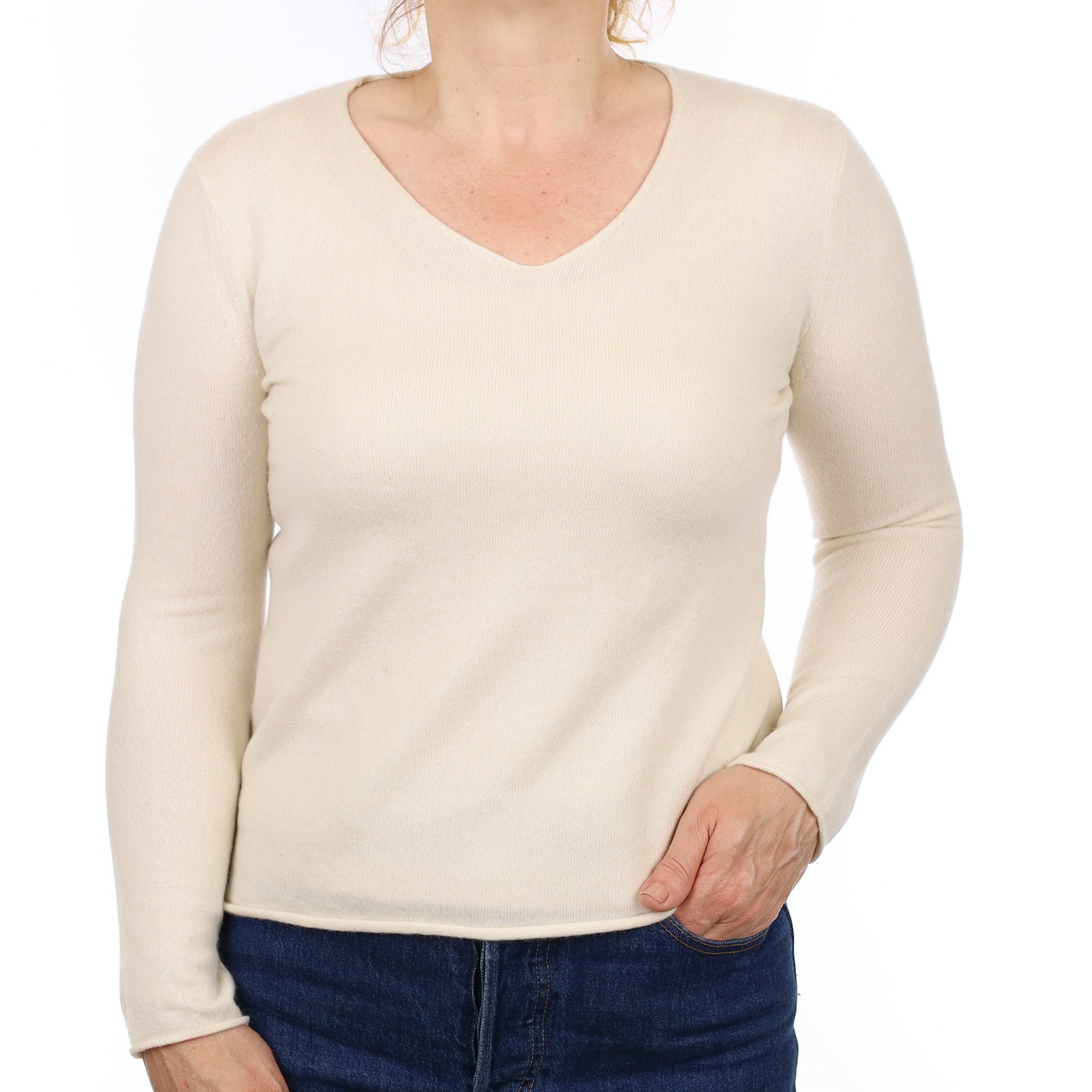 Ivory Cashmere V Neck Jumper Medium