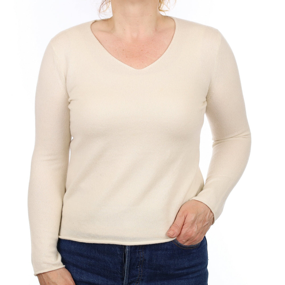 Ivory Cashmere V Neck Jumper Medium