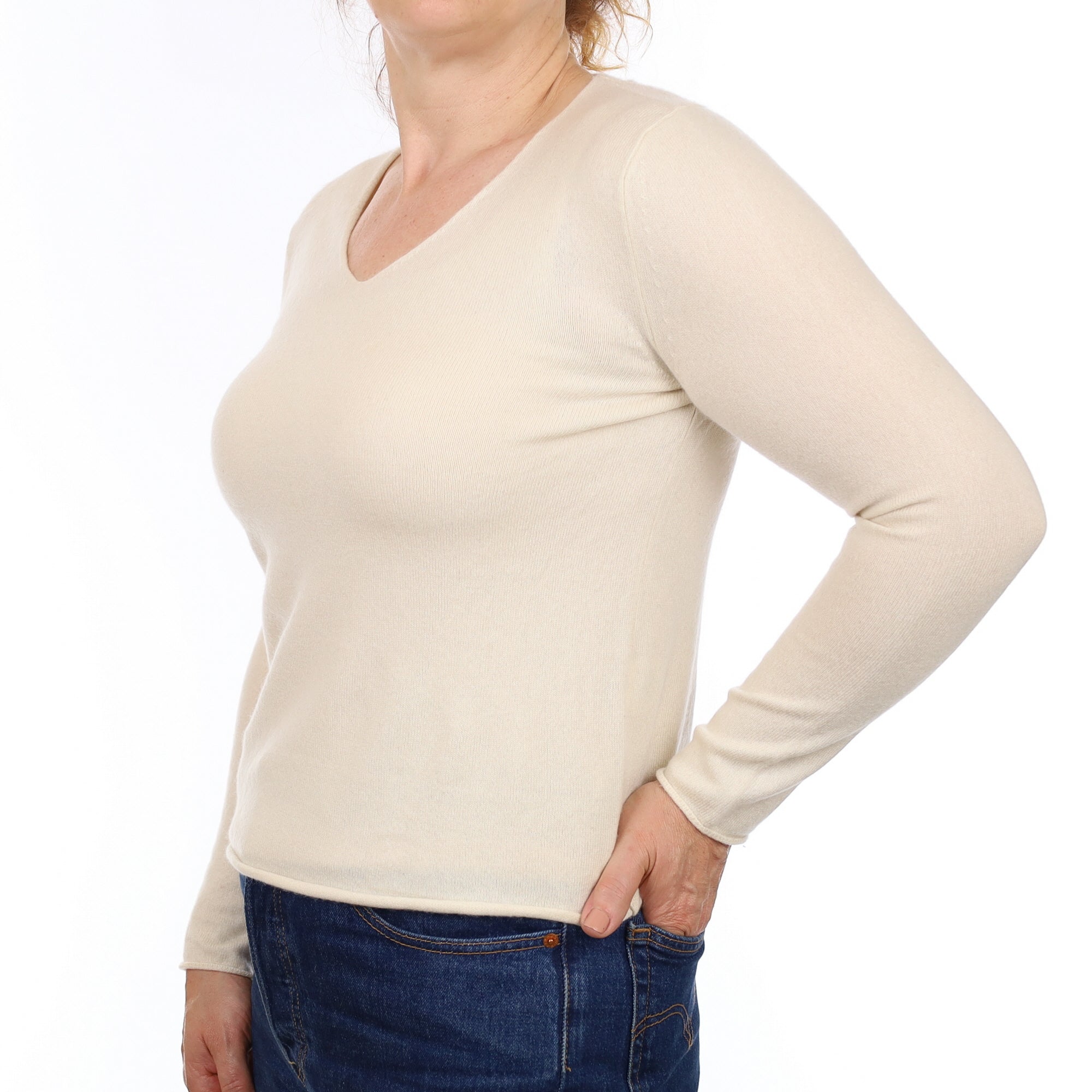 Ivory Cashmere V Neck Jumper Medium