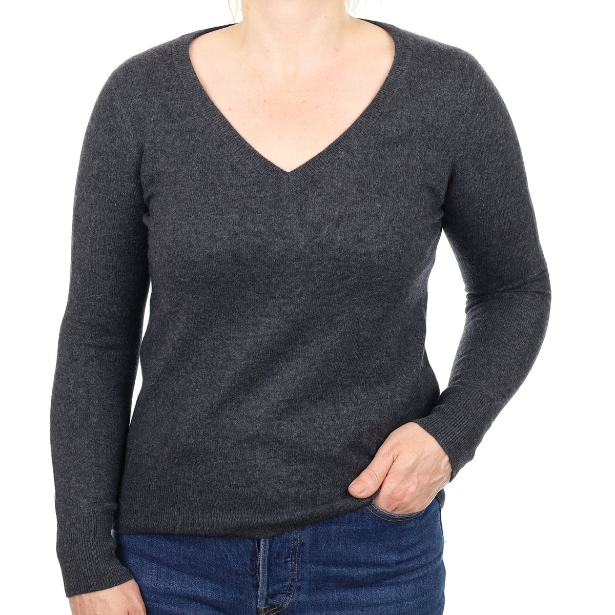 Graphite Grey Cashmere V Neck Jumper Medium