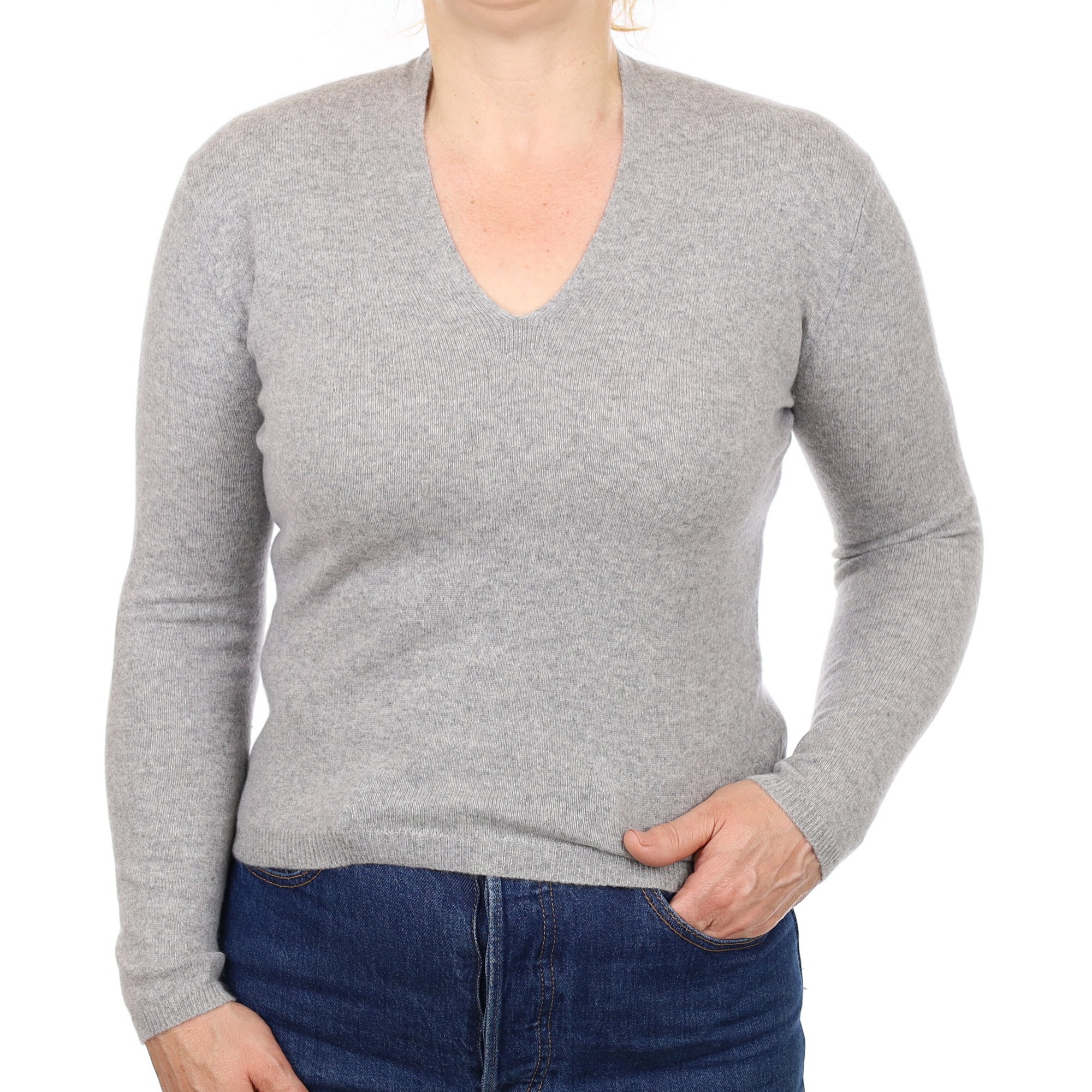Smoke Grey Cashmere V Neck Jumper Medium