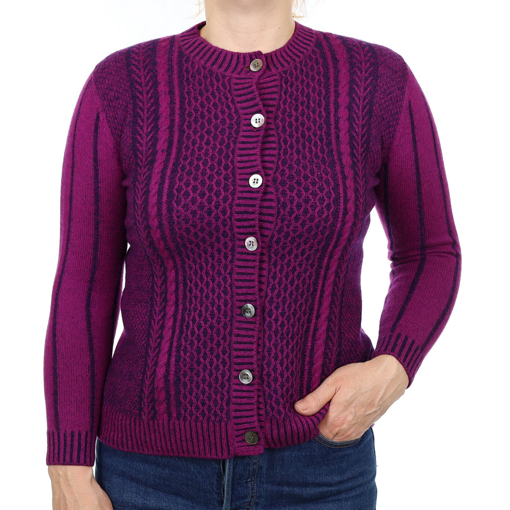 Magenta and Navy Textured Cashmere Crew Neck Cardigan Medium
