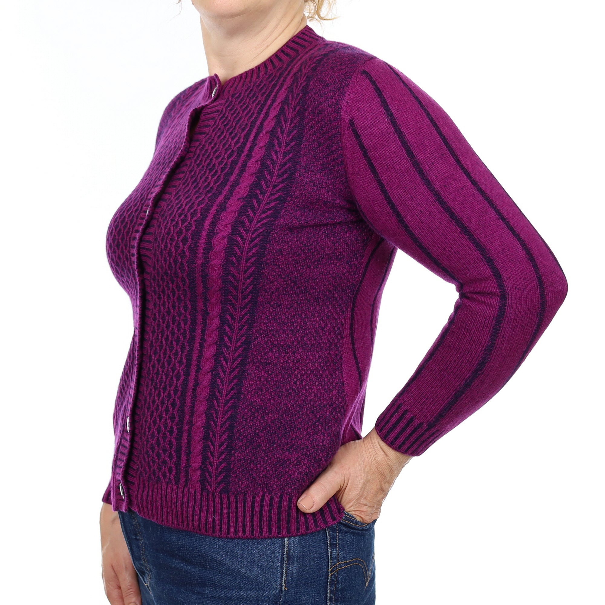 Magenta and Navy Textured Cashmere Crew Neck Cardigan Medium