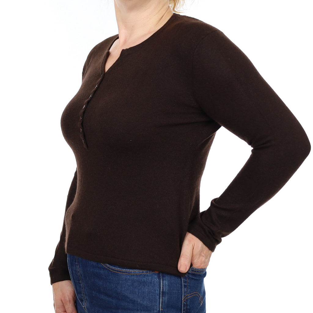 Dark Chocolate Cashmere Button Notch Neck Jumper Medium