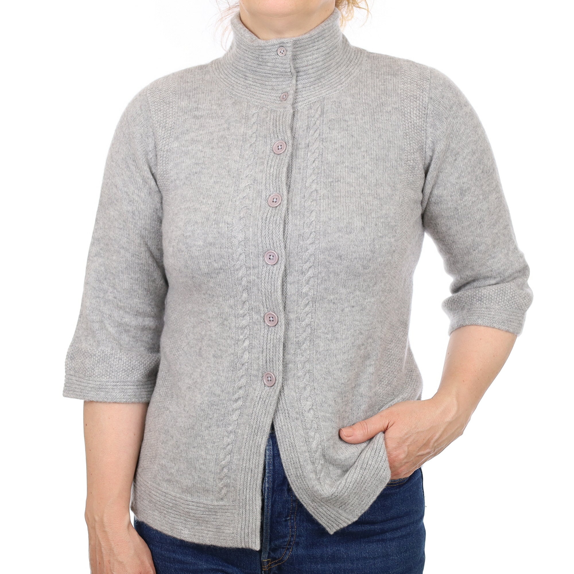 Smoke Grey Cashmere Flared Sleeve Funnel Neck Cardigan Medium