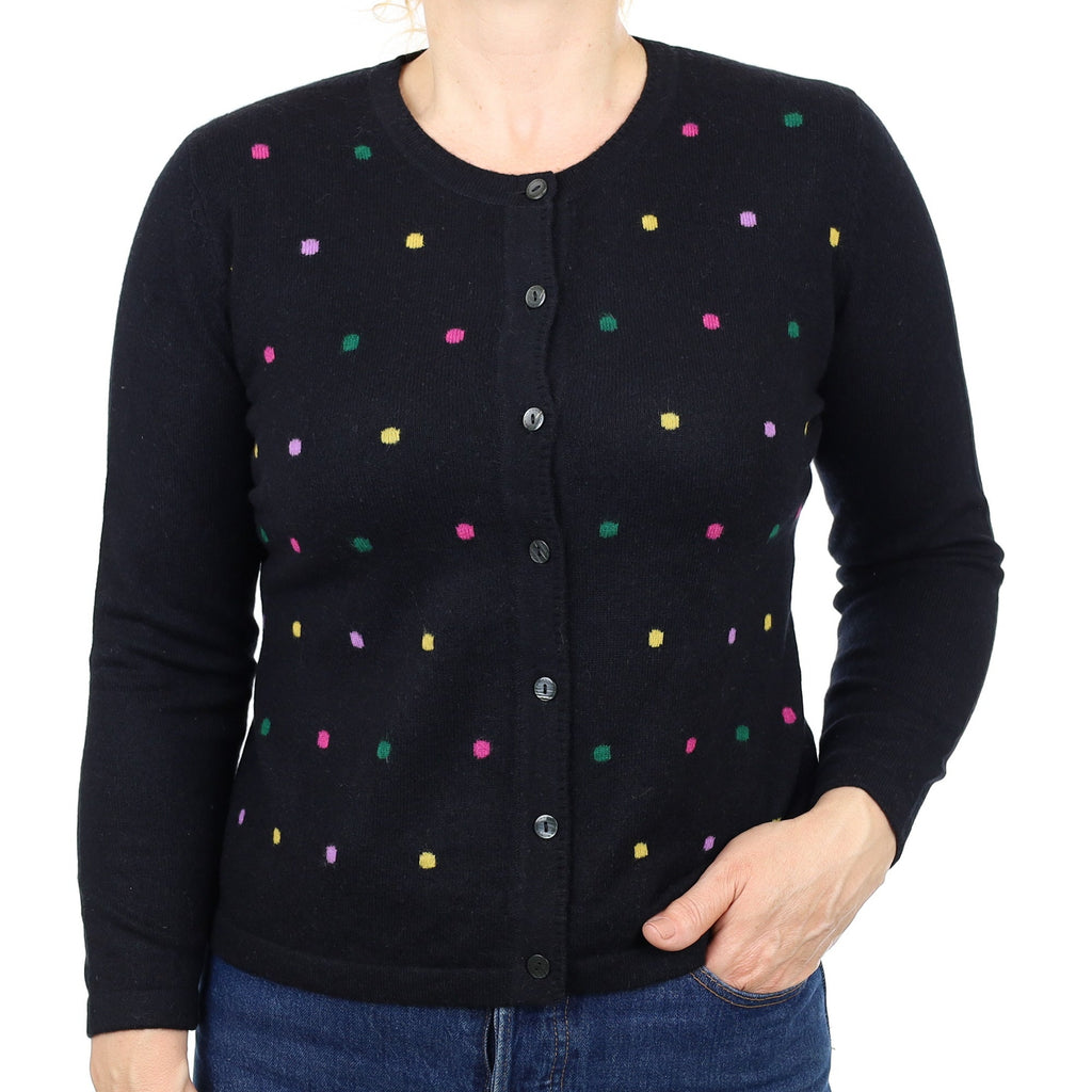 Black Colourful Spot Cashmere Crew Neck Cardigan Medium