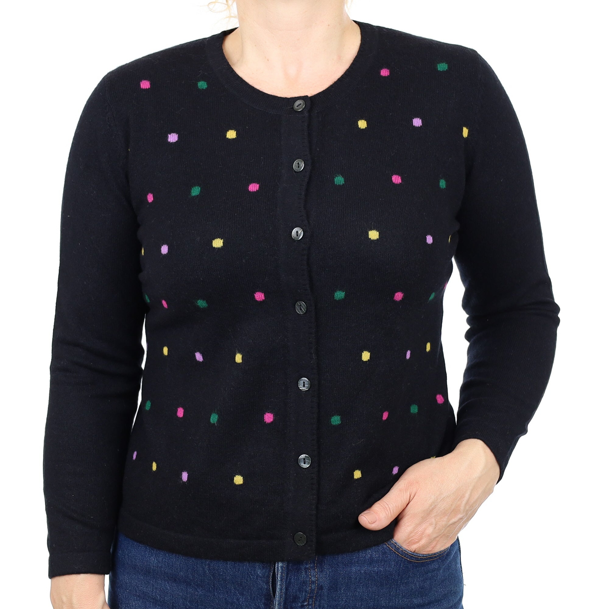 Black Colourful Spot Cashmere Crew Neck Cardigan Medium