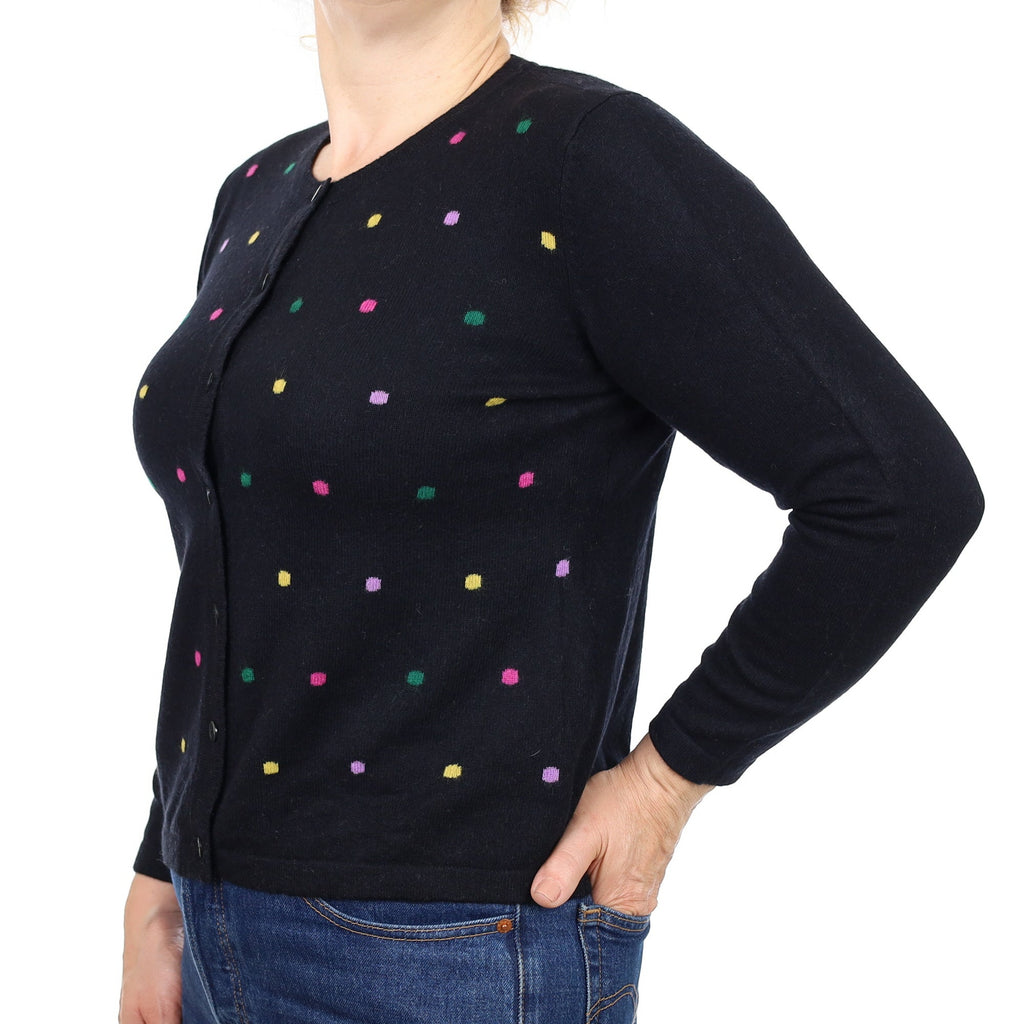 Black Colourful Spot Cashmere Crew Neck Cardigan Medium