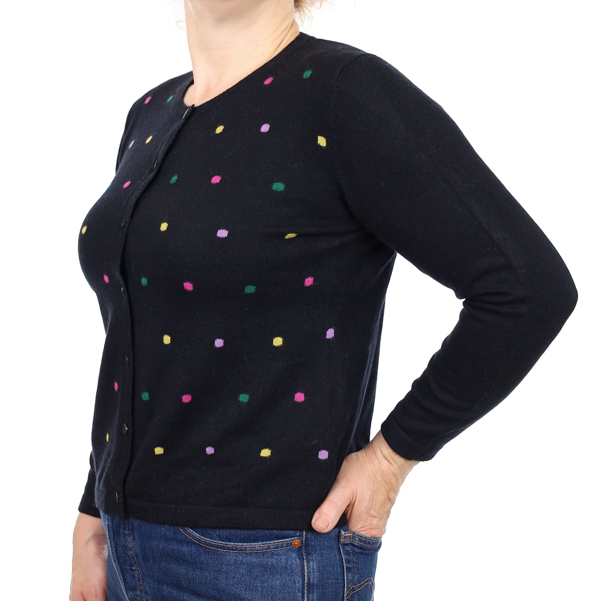 Black Colourful Spot Cashmere Crew Neck Cardigan Medium