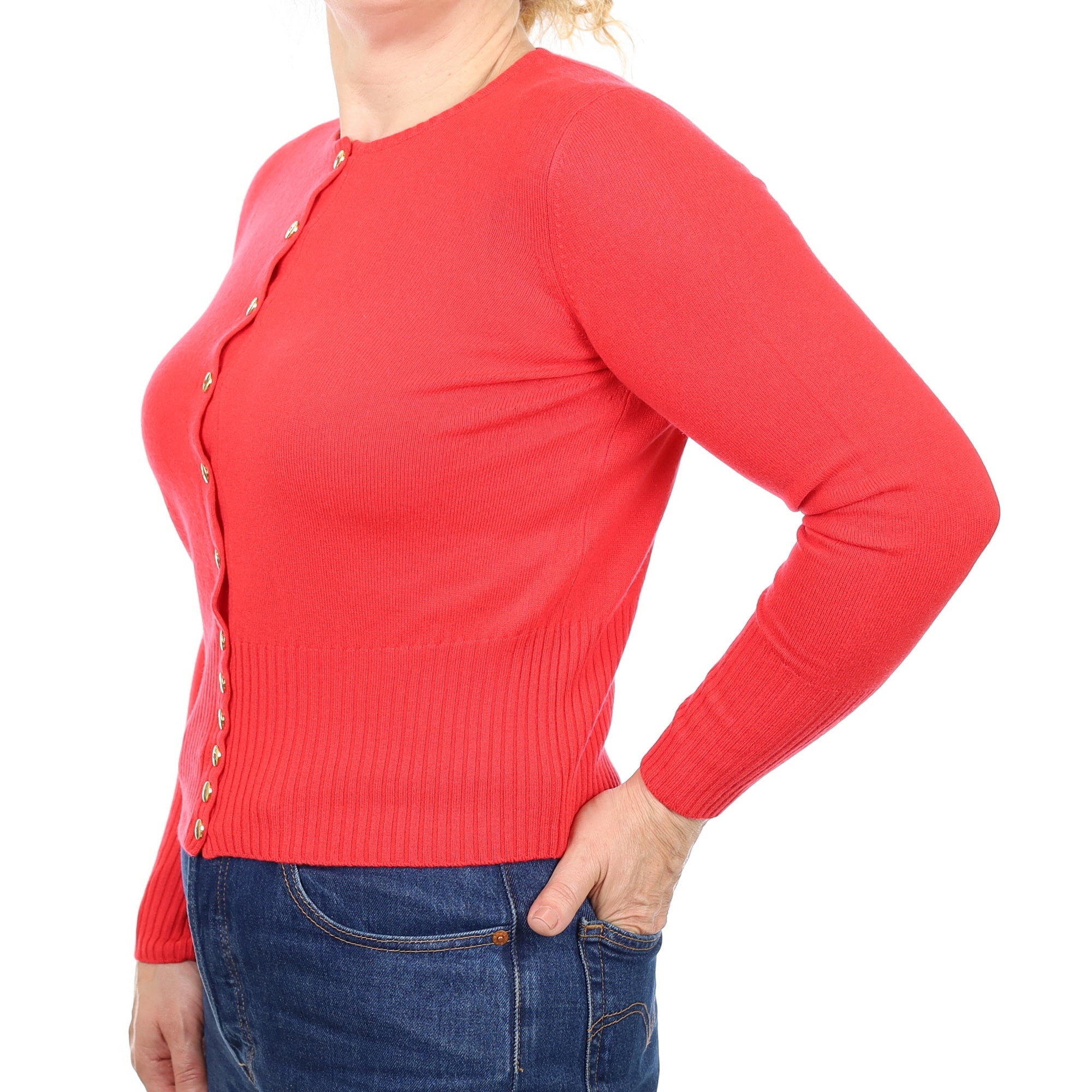 Italian Watermelon Red Cashmere Crew Neck Cardigan Medium
