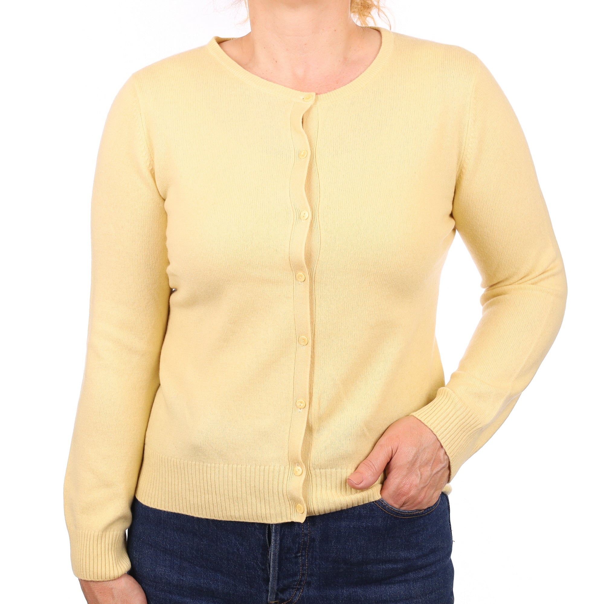 Custard Yellow Cashmere Crew Neck Cardigan Medium