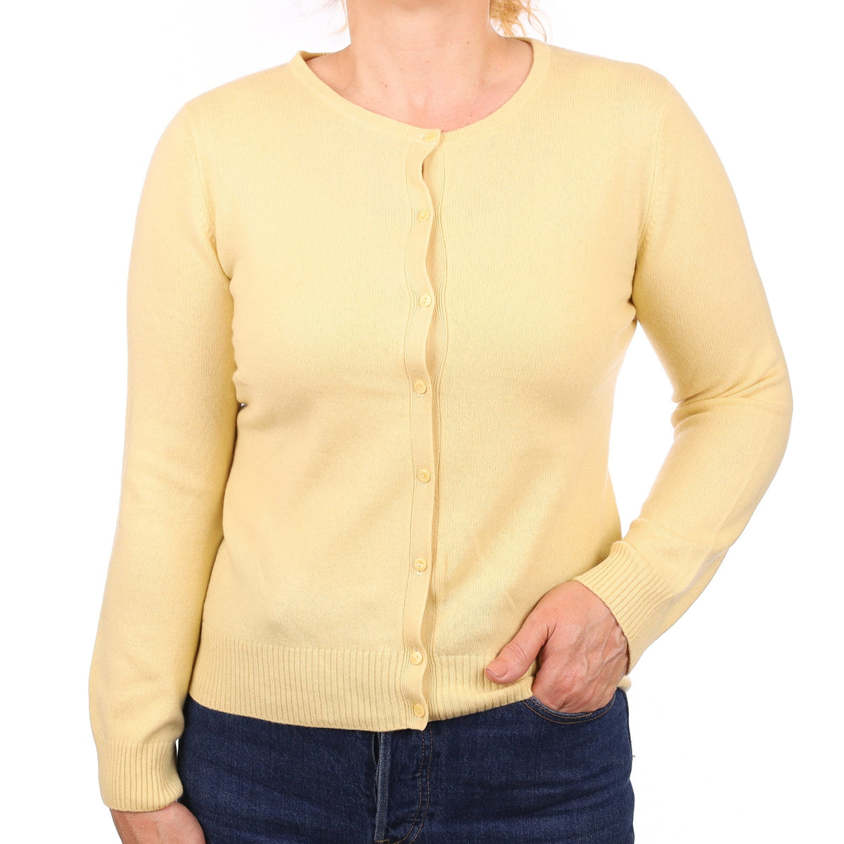 Custard Yellow Cashmere Crew Neck Cardigan Medium
