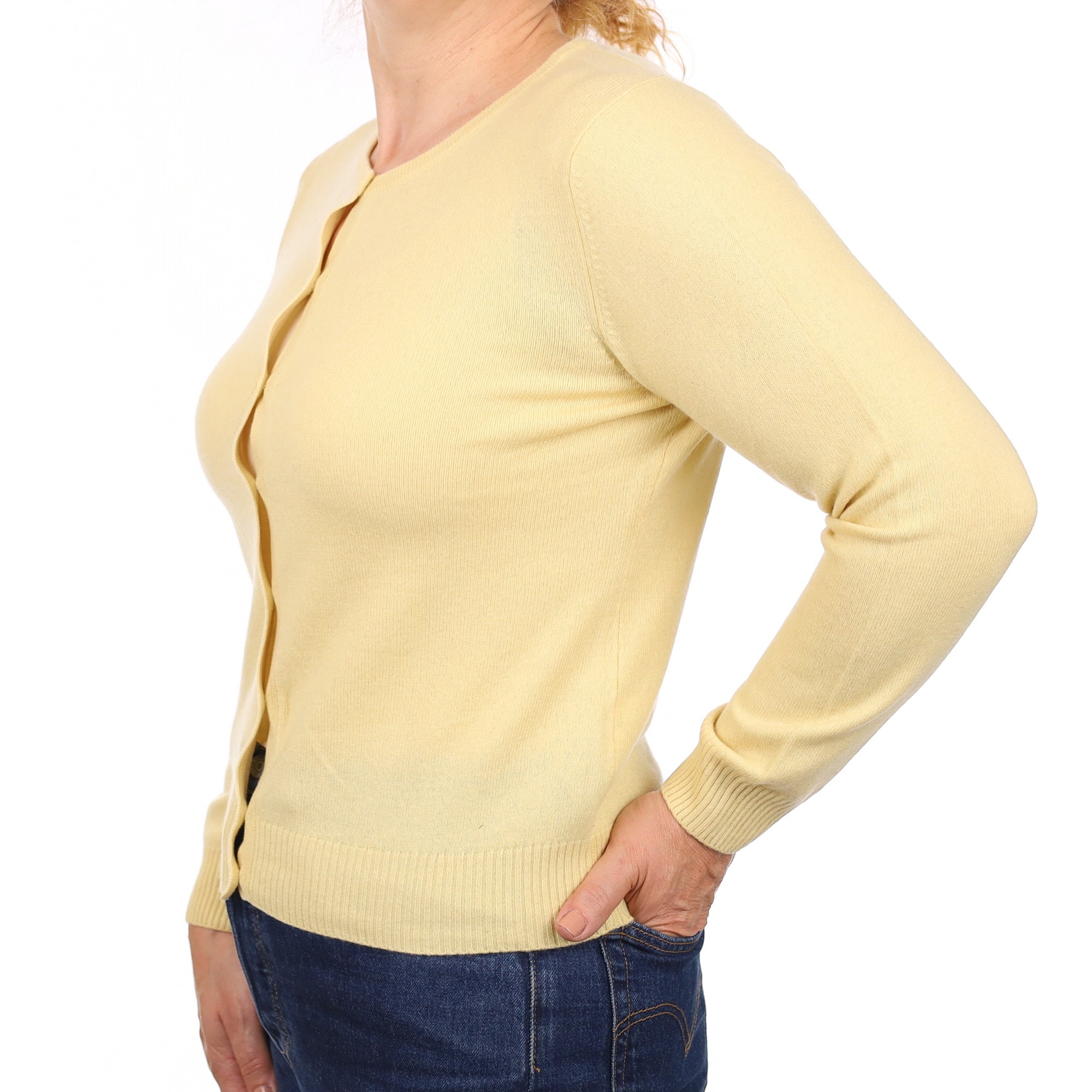Custard Yellow Cashmere Crew Neck Cardigan Medium