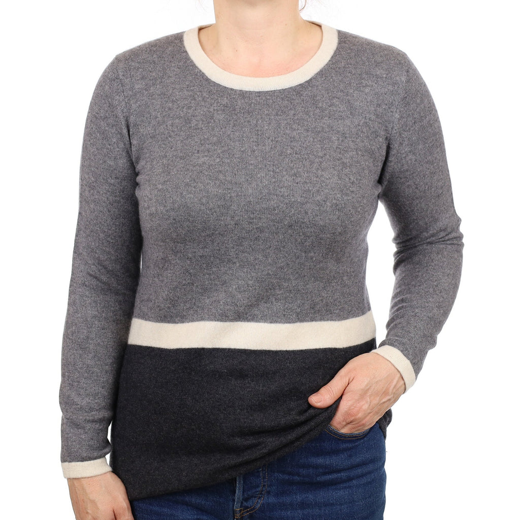Grey and Ivory Stripe Cashmere Crew Neck Jumper Medium