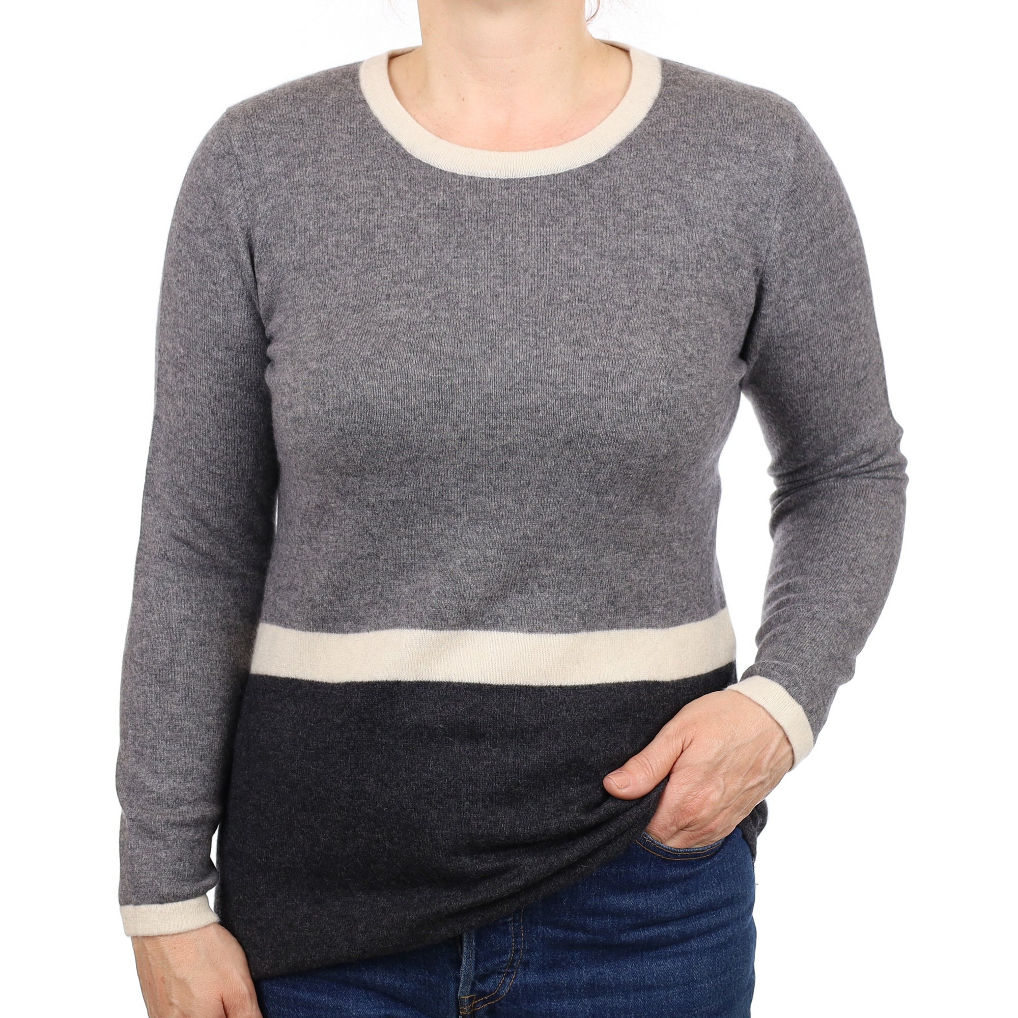 Grey and Ivory Stripe Cashmere Crew Neck Jumper Medium