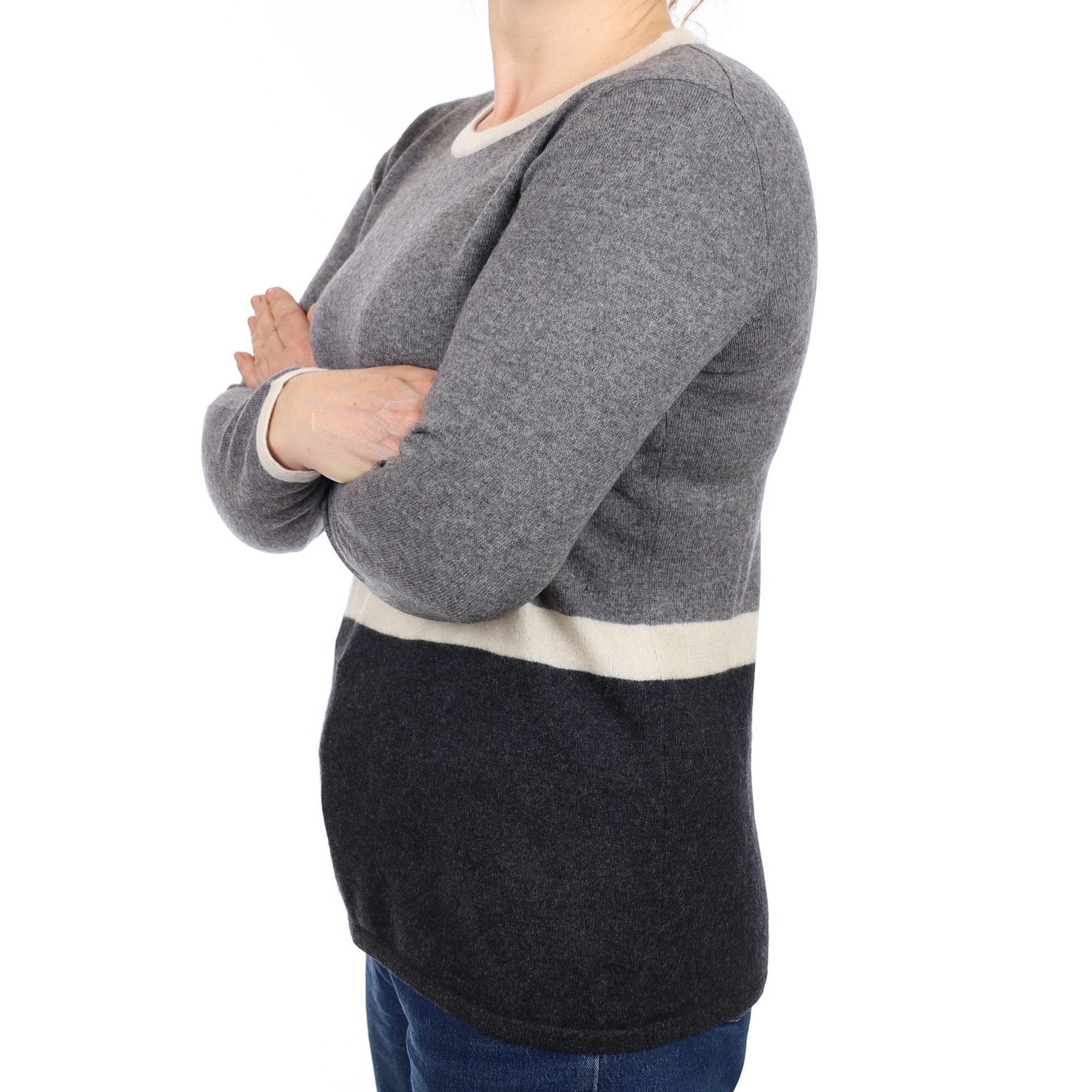 Grey and Ivory Stripe Cashmere Crew Neck Jumper Medium