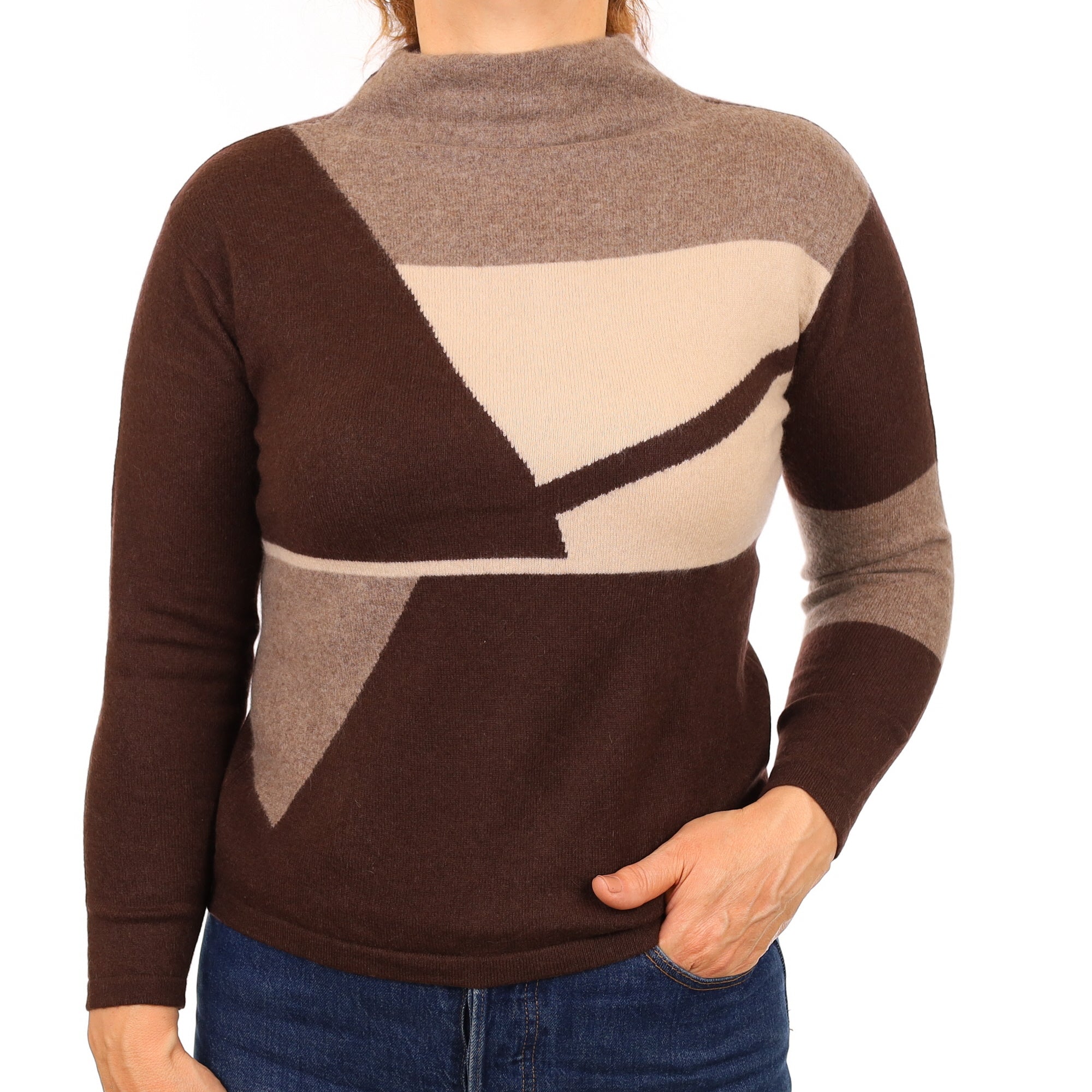 Brown Geometric Cashmere Funnel Neck Jumper Medium