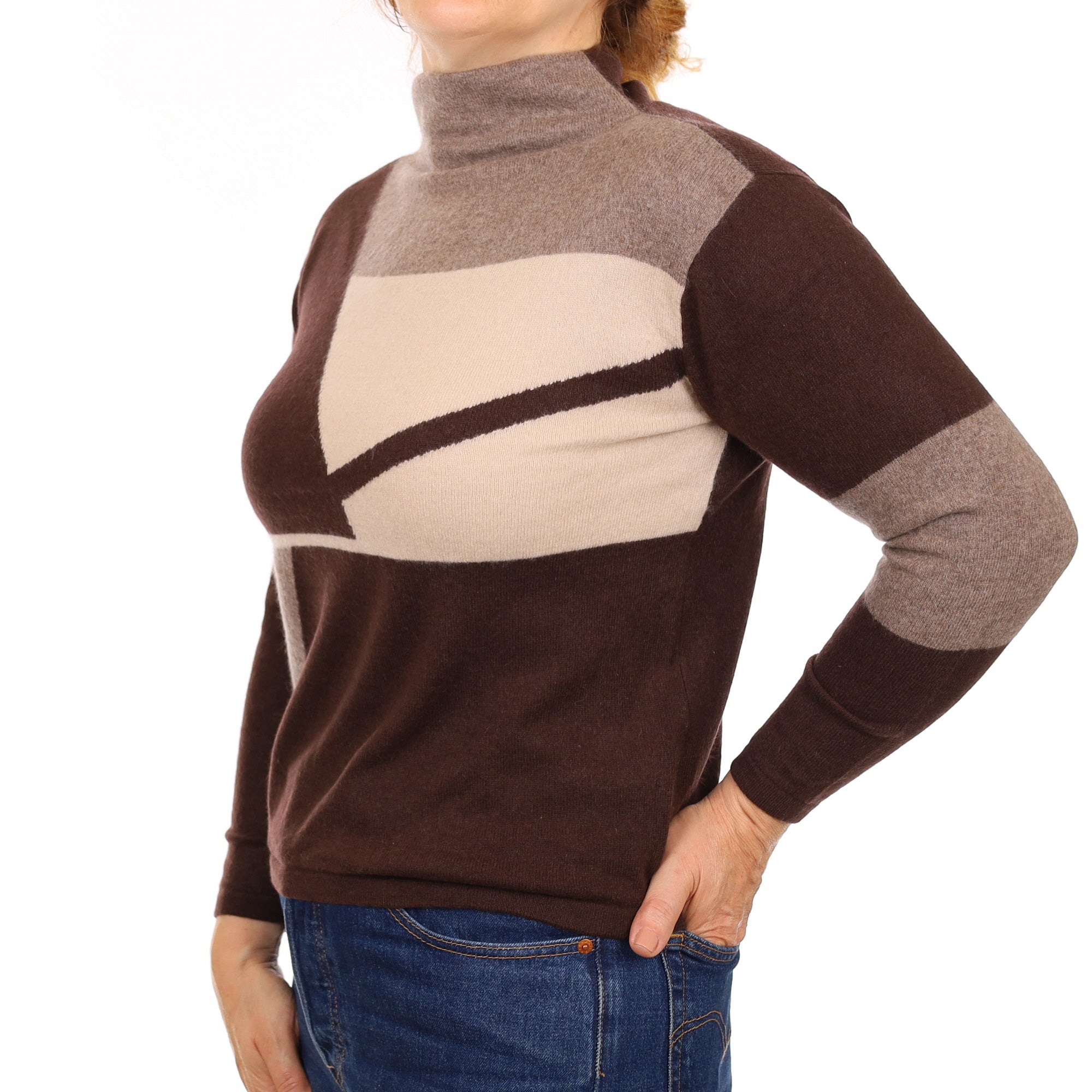 Brown Geometric Cashmere Funnel Neck Jumper Medium