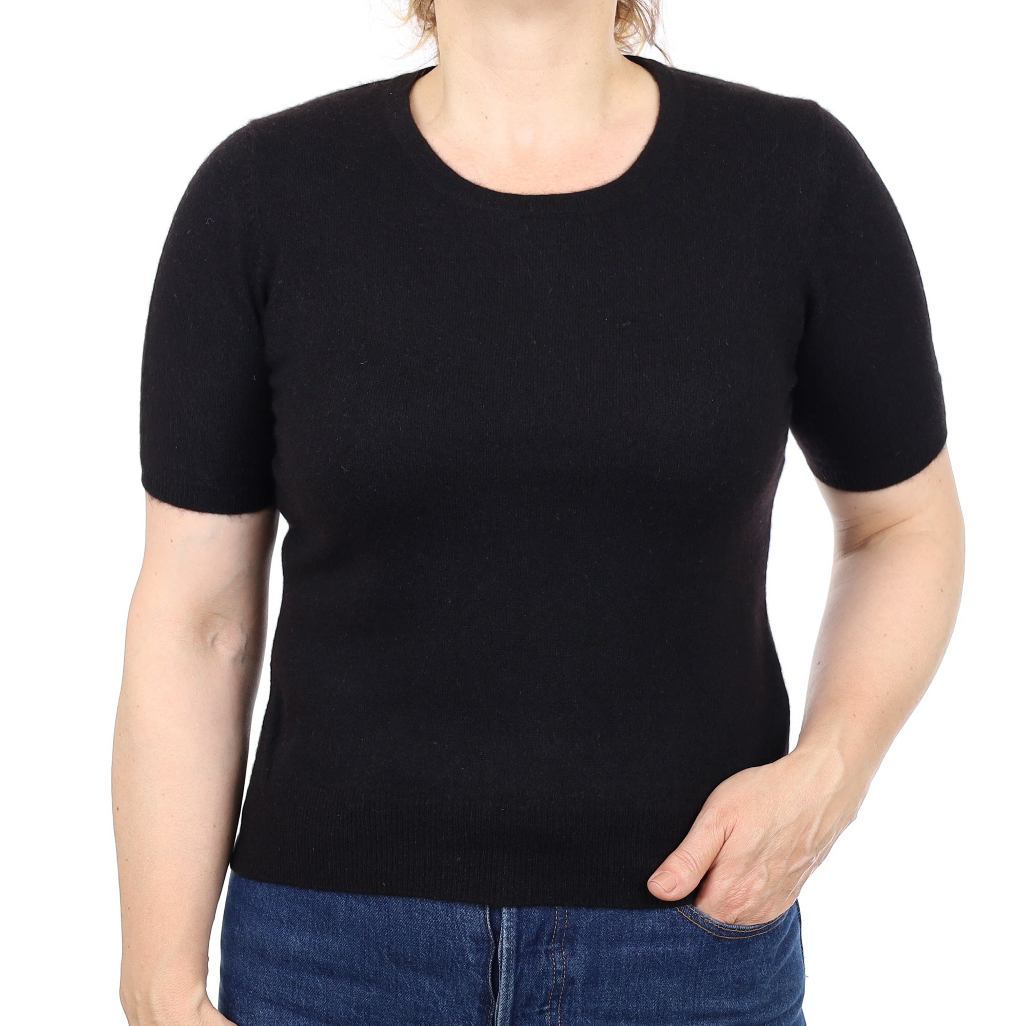 Black Cashmere Short Sleeved Crew Neck Jumper Medium