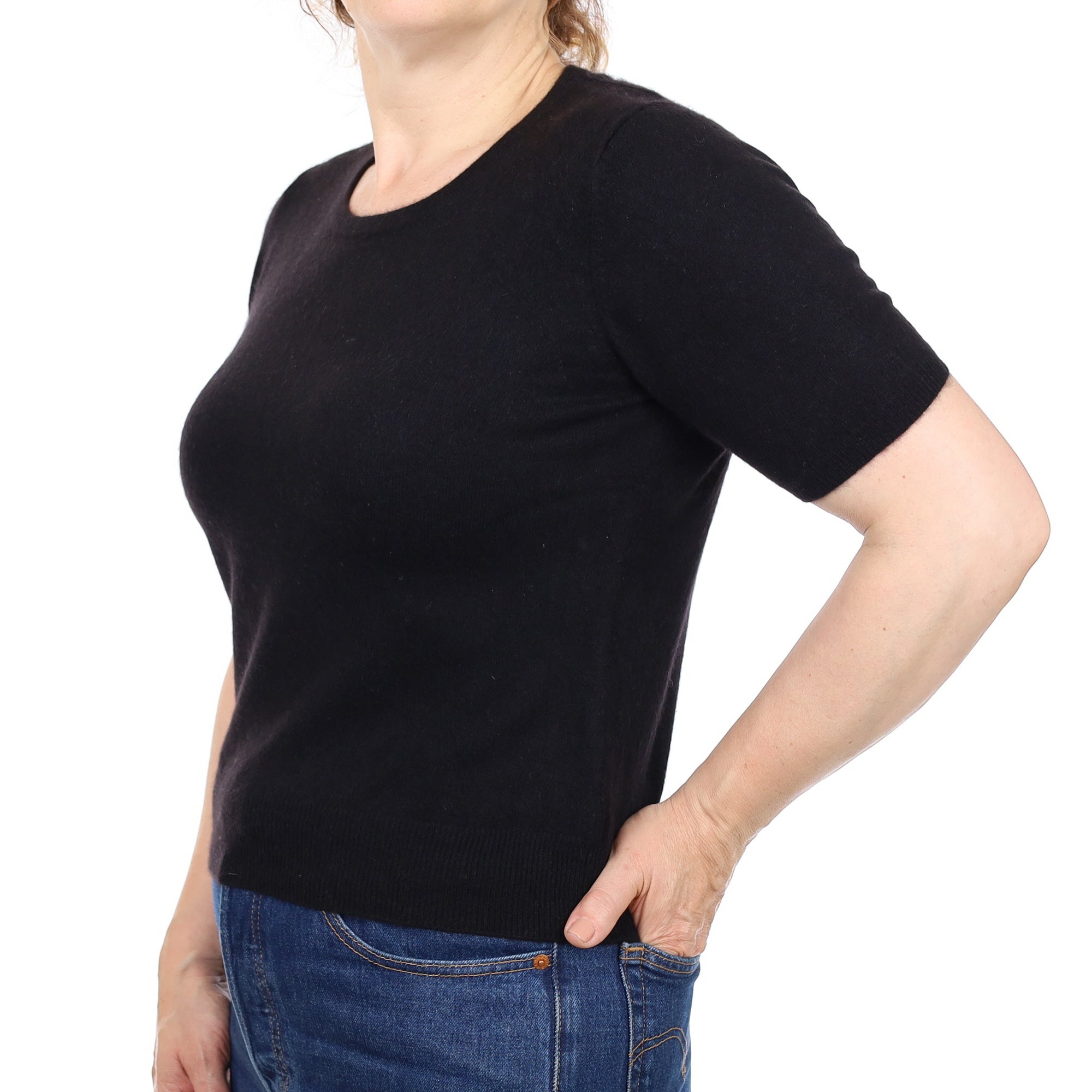 Black Cashmere Short Sleeved Crew Neck Jumper Medium