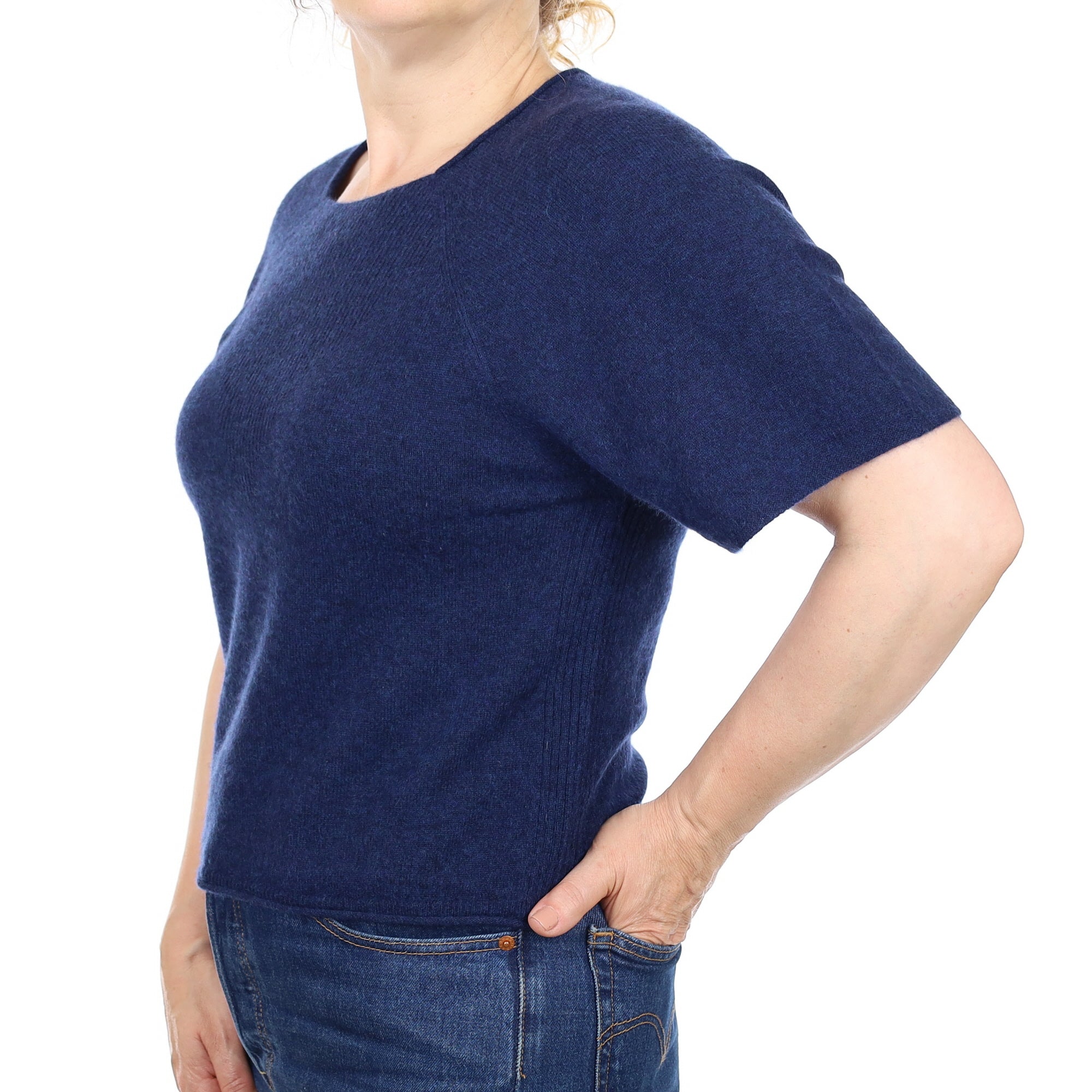 Midnight Blue Cashmere Short Sleeved Scoop Neck Jumper Medium