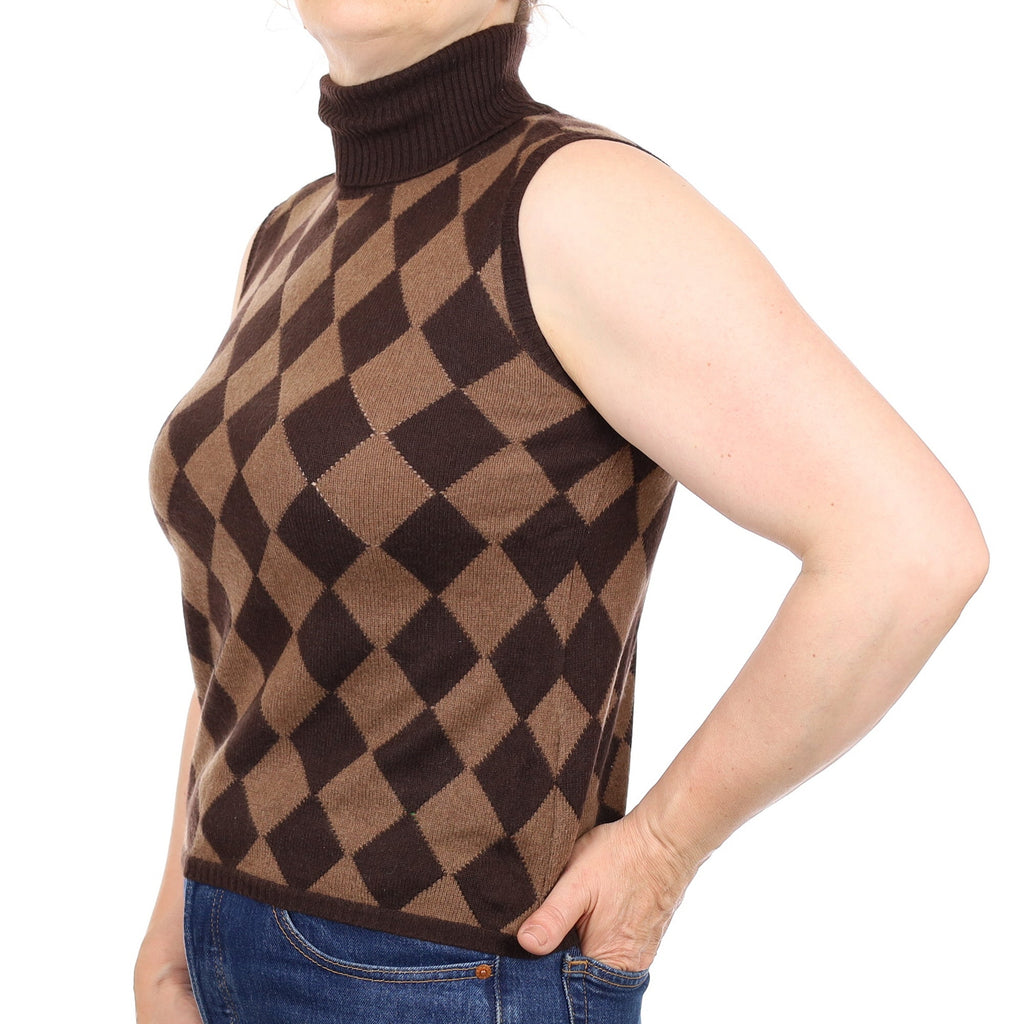 Brown Diamond Pattern Cashmere Sleeveless Polo Neck Jumper Medium