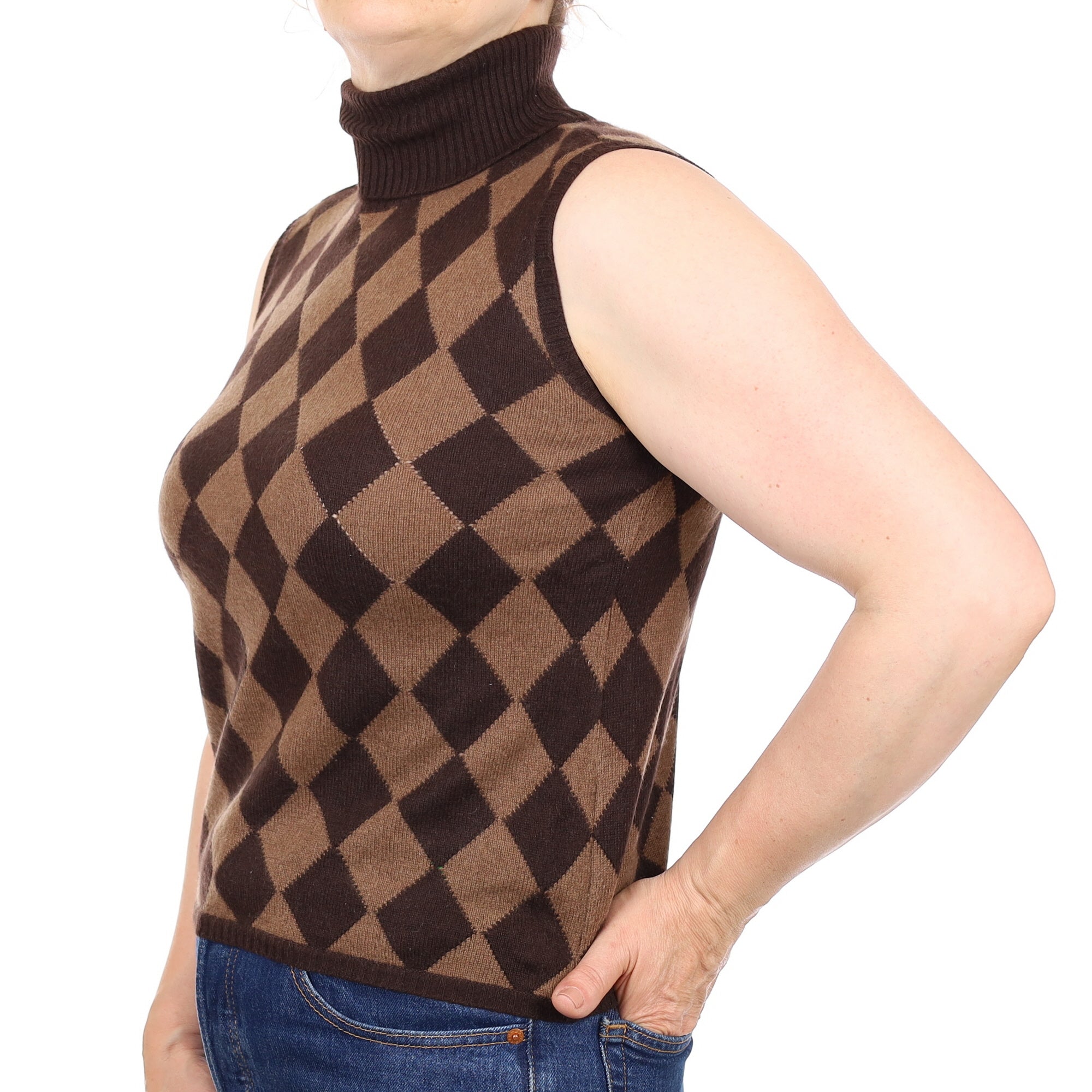 Brown Diamond Pattern Cashmere Sleeveless Polo Neck Jumper Medium