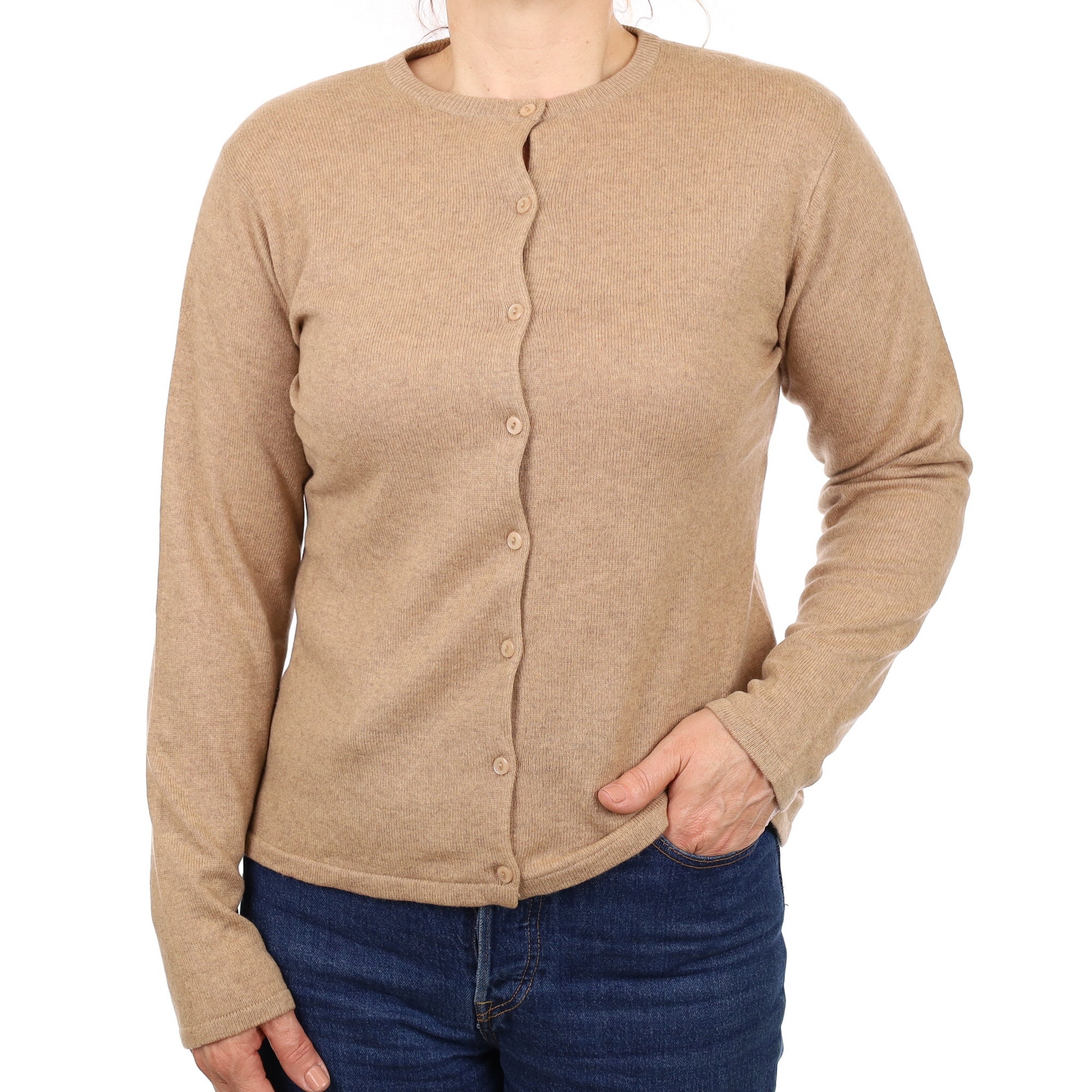 Camel Brown Cashmere Crew Neck Cardigan Medium