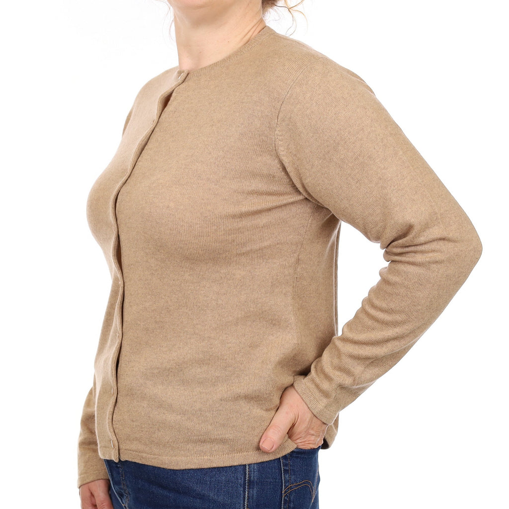Camel Brown Cashmere Crew Neck Cardigan Medium