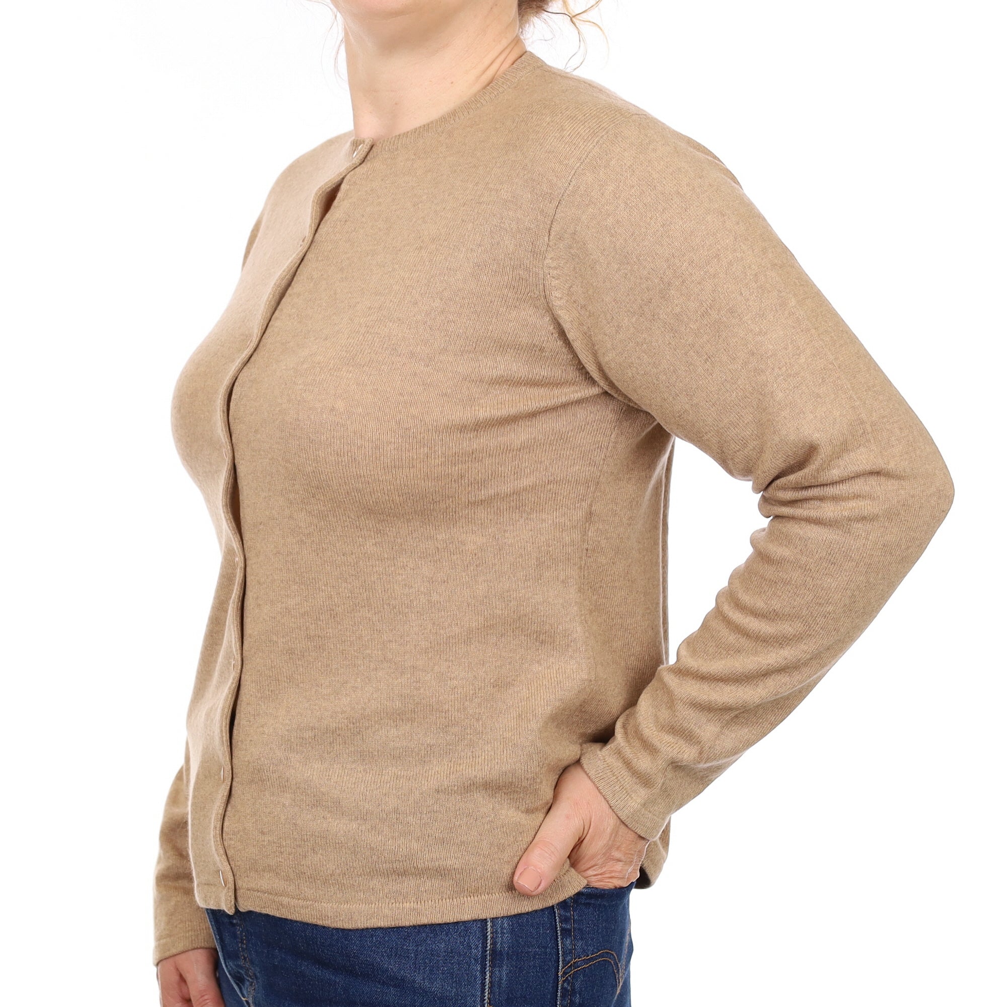 Camel Brown Cashmere Crew Neck Cardigan Medium